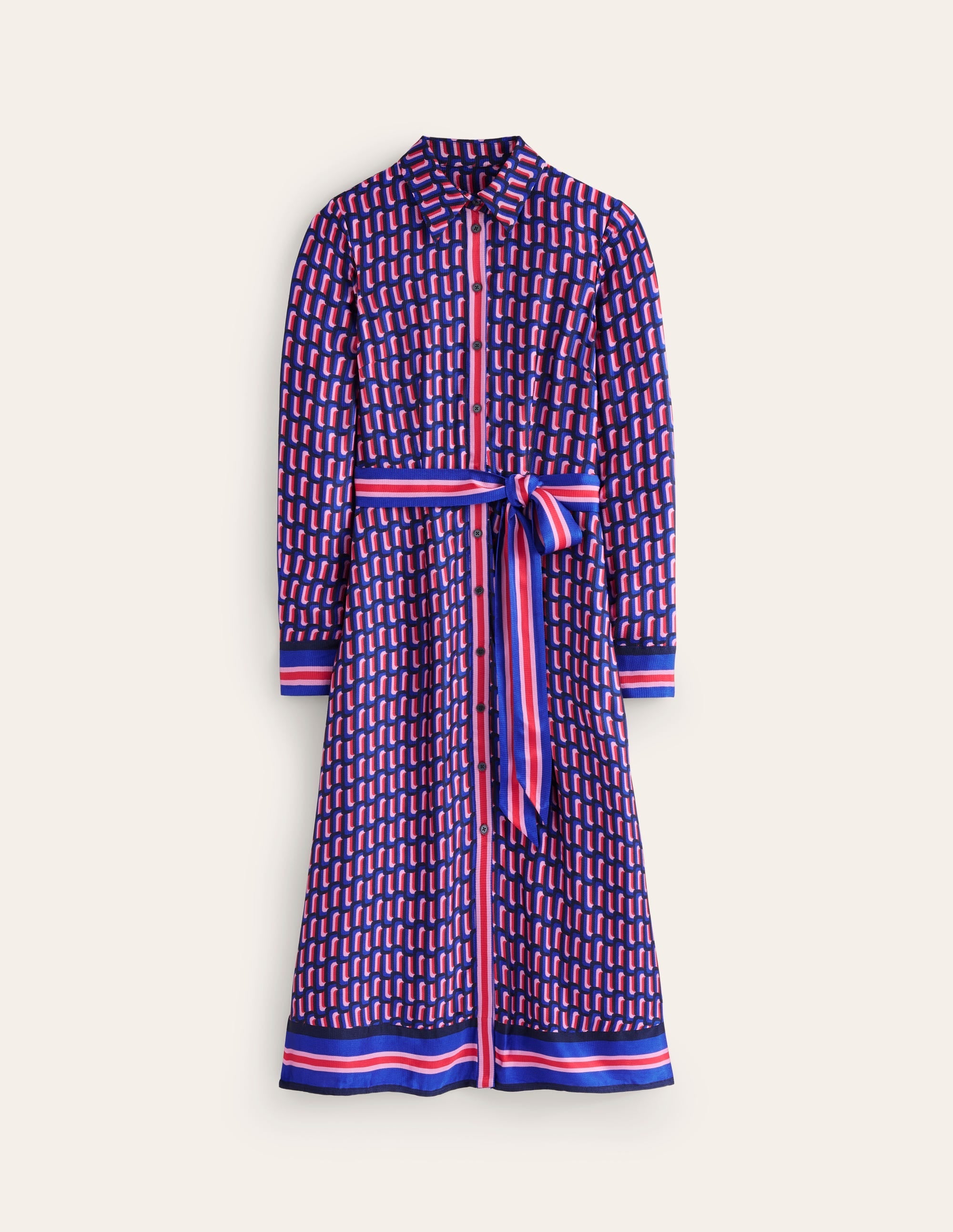 Kate Satin Shirt Dress-Mazarine Blue, Falling Geo - Image 6
