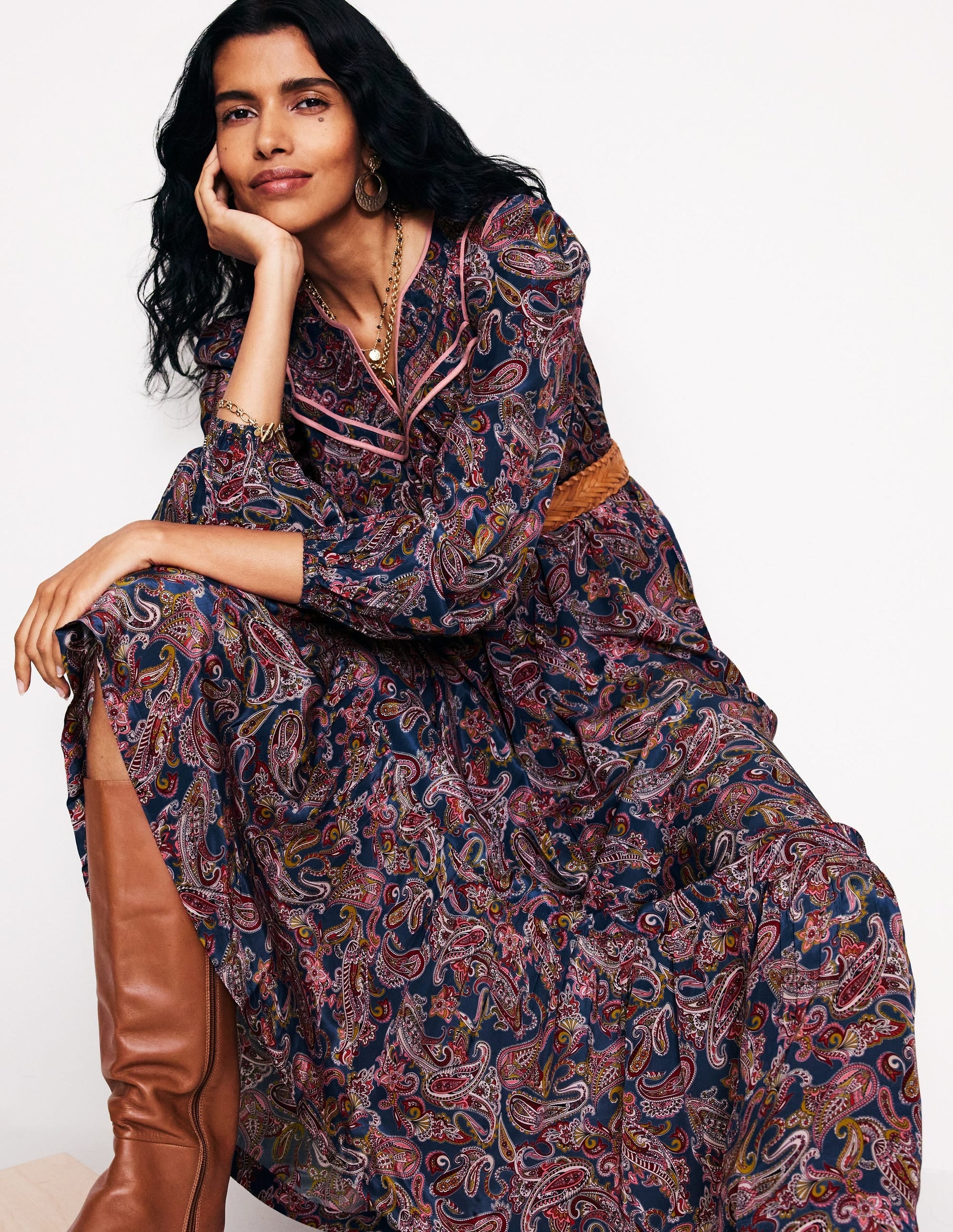 Quilted Yoke Maxi Dress-True Navy, Opulent Paisley-1