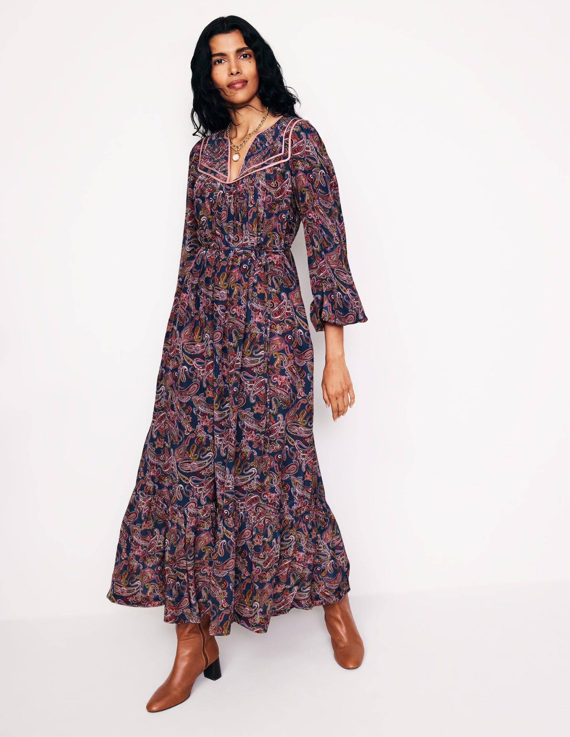 Quilted Yoke Maxi Dress-True Navy, Opulent Paisley-2