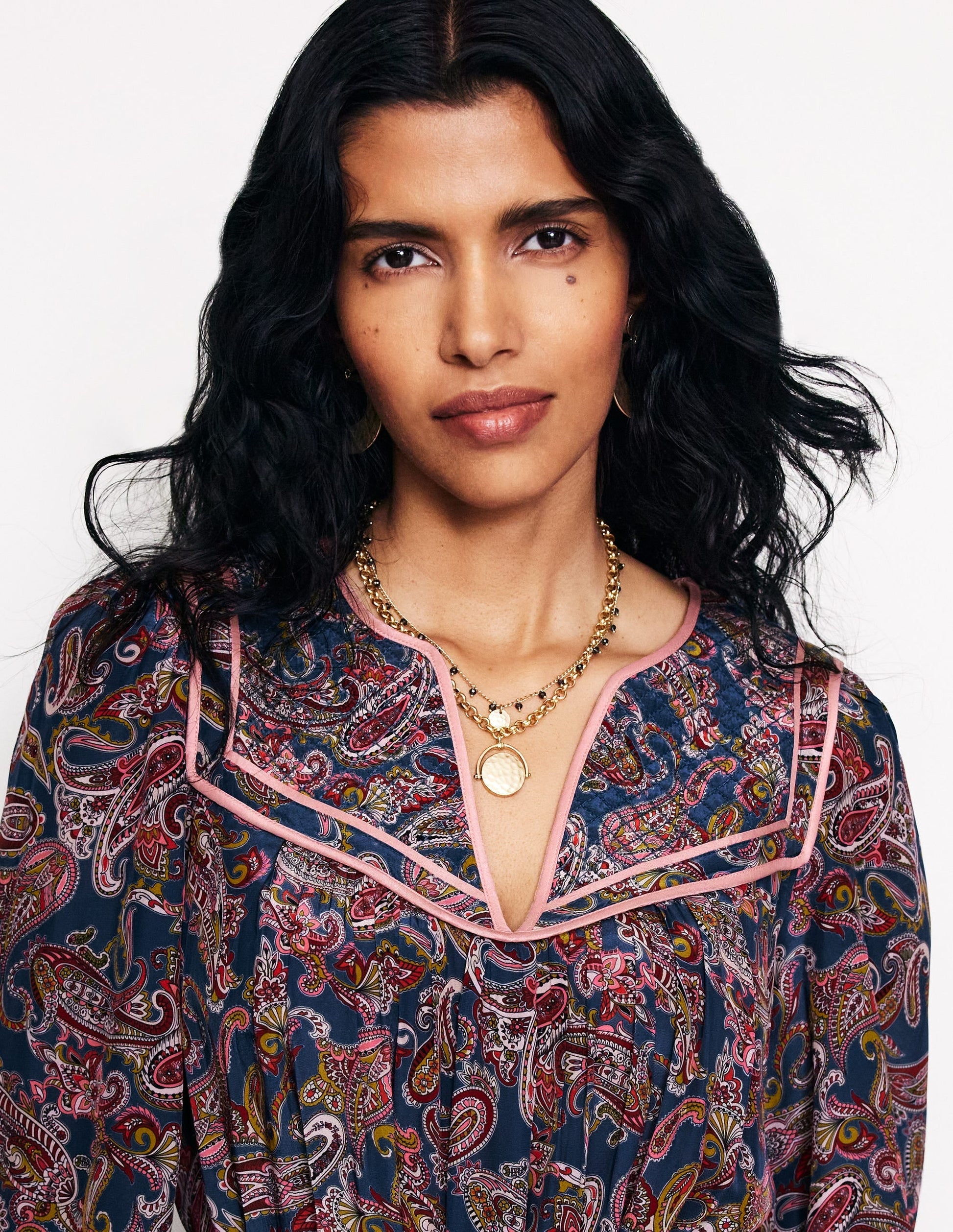 Quilted Yoke Maxi Dress-True Navy, Opulent Paisley-3