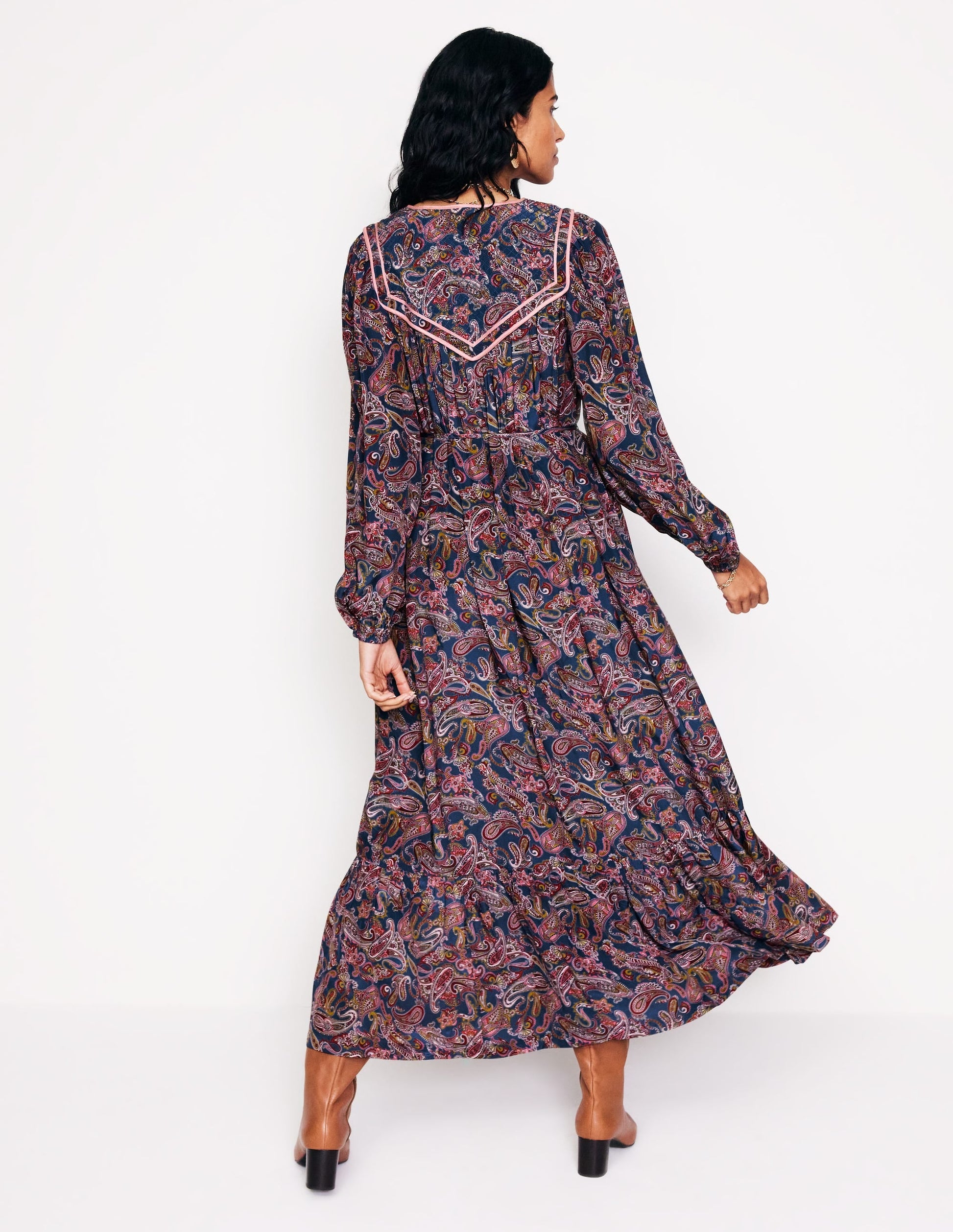 Quilted Yoke Maxi Dress-True Navy, Opulent Paisley-4
