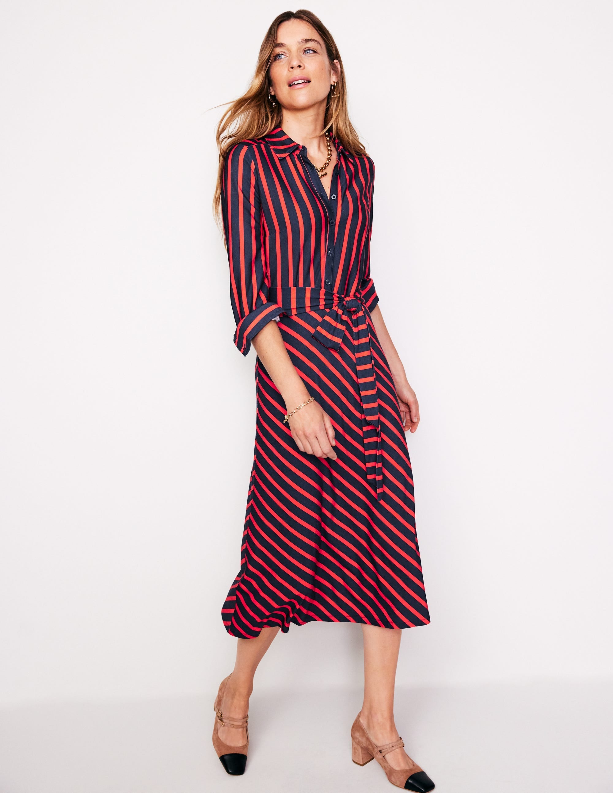 Laura Jersey Midi Shirt Dress-Navy, Rouge Stripe - Image 1