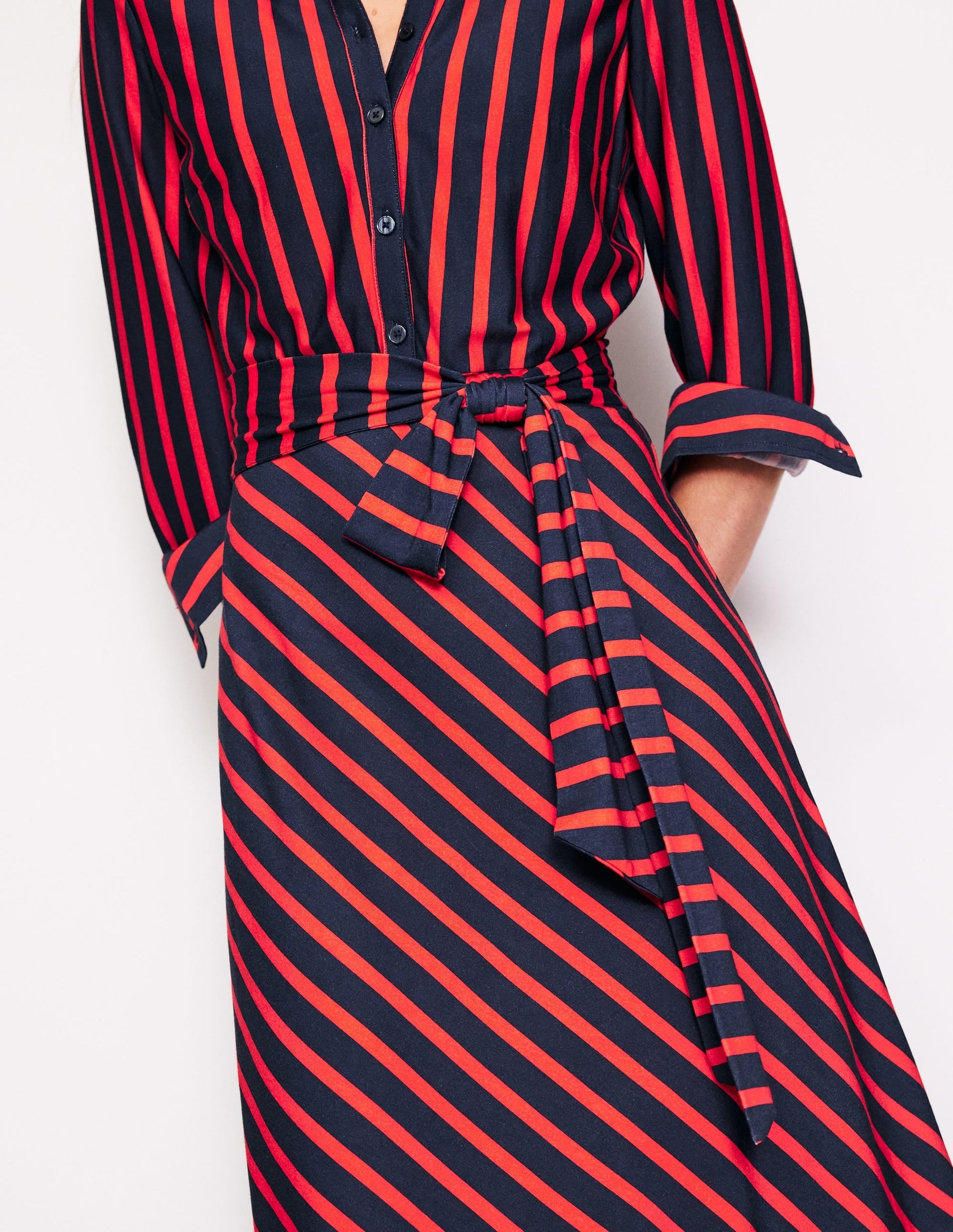 Laura Jersey Midi Shirt Dress-Navy, Rouge Stripe-2