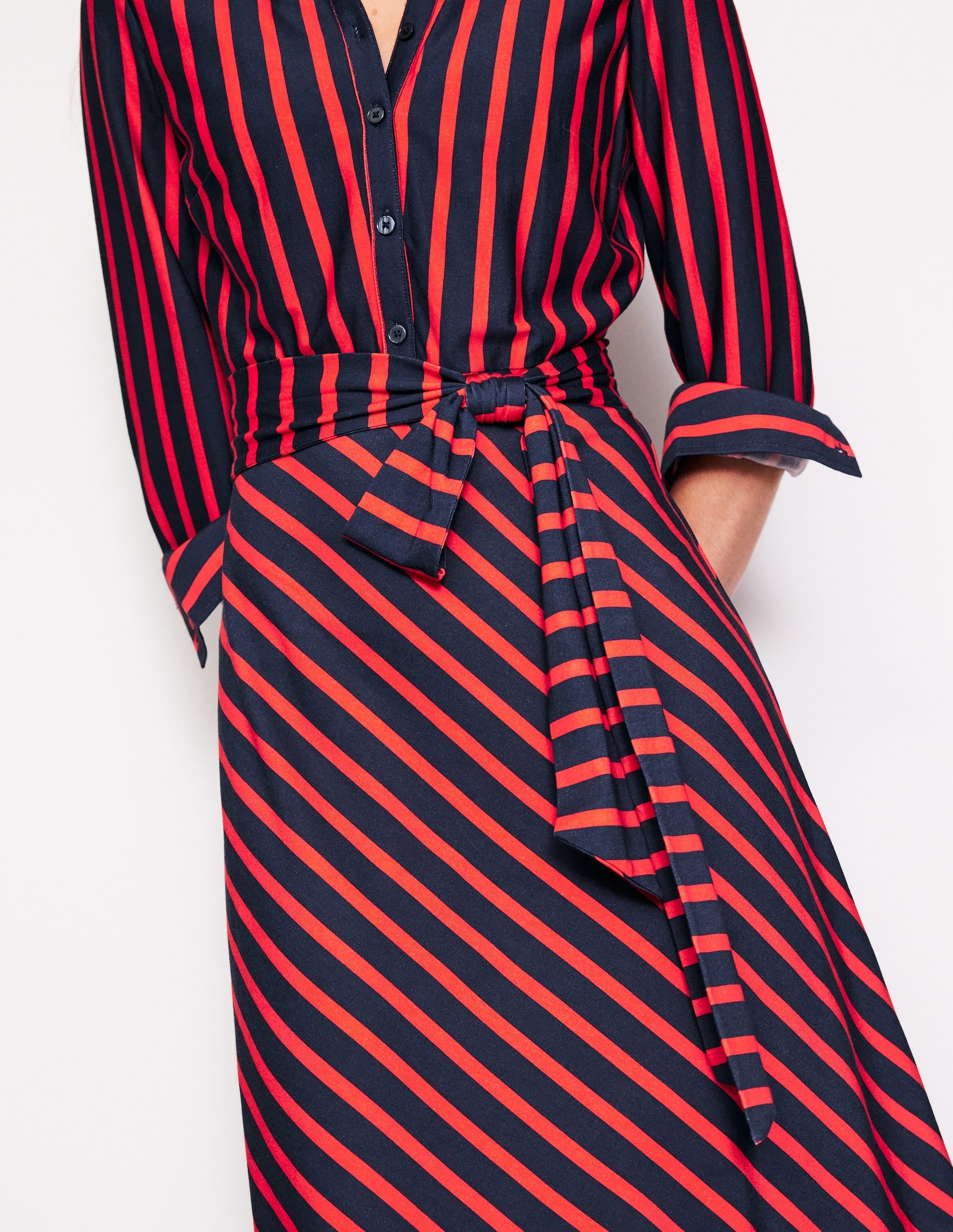 Laura Jersey Midi Shirt Dress-Navy, Rouge Stripe - Image 2