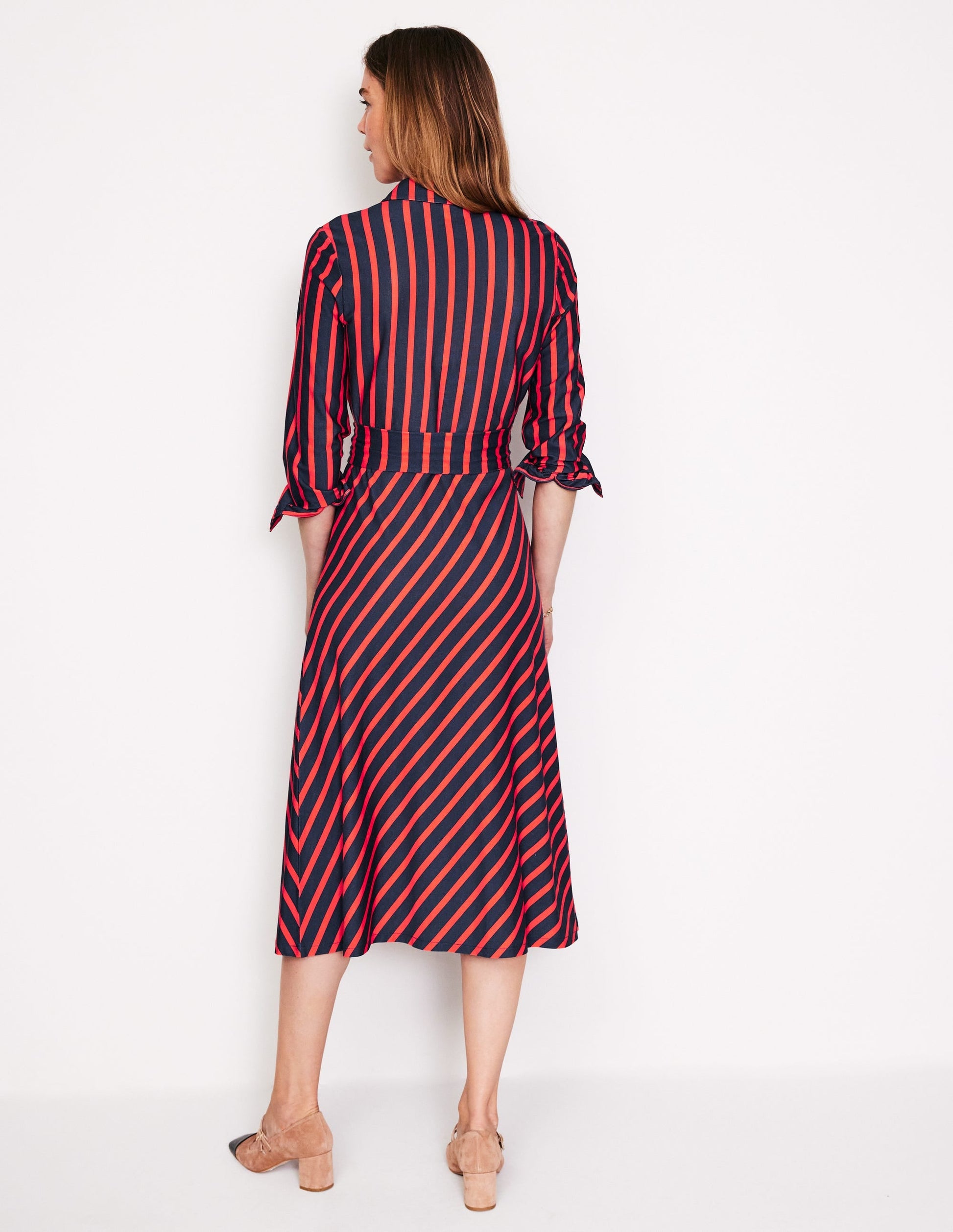 Laura Jersey Midi Shirt Dress-Navy, Rouge Stripe-3
