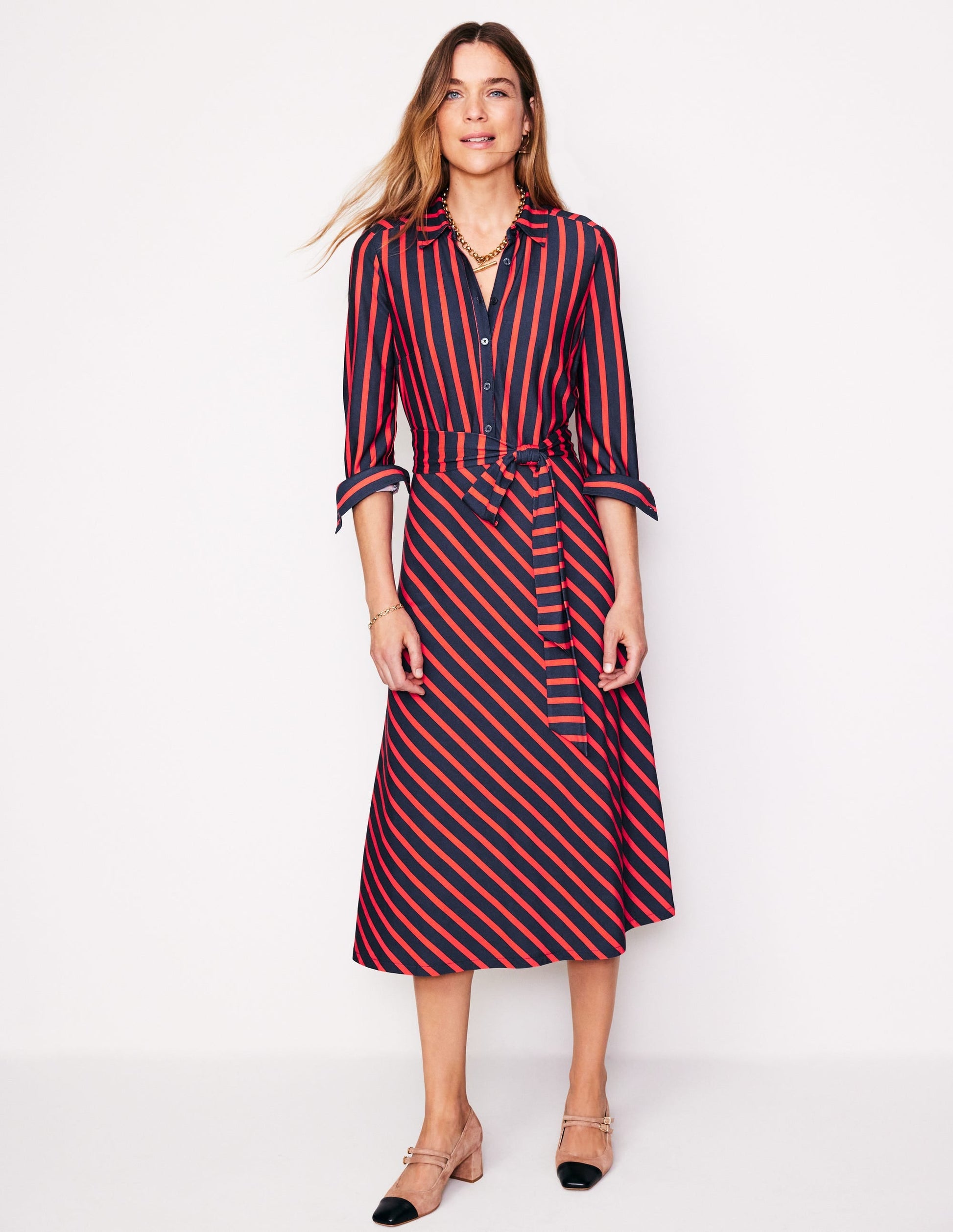 Laura Jersey Midi Shirt Dress-Navy, Rouge Stripe-4