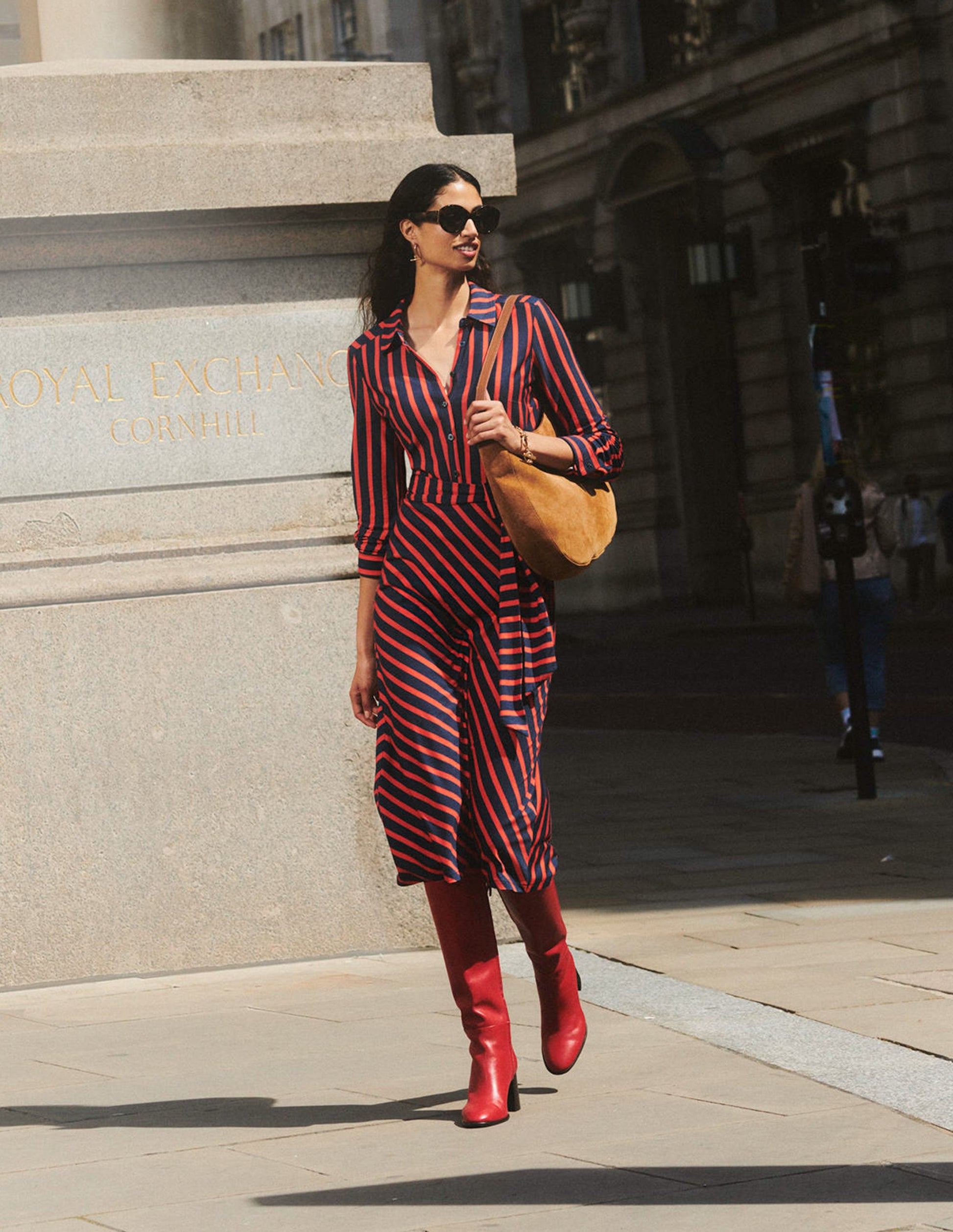 Laura Jersey Midi Shirt Dress-Navy, Rouge Stripe-5