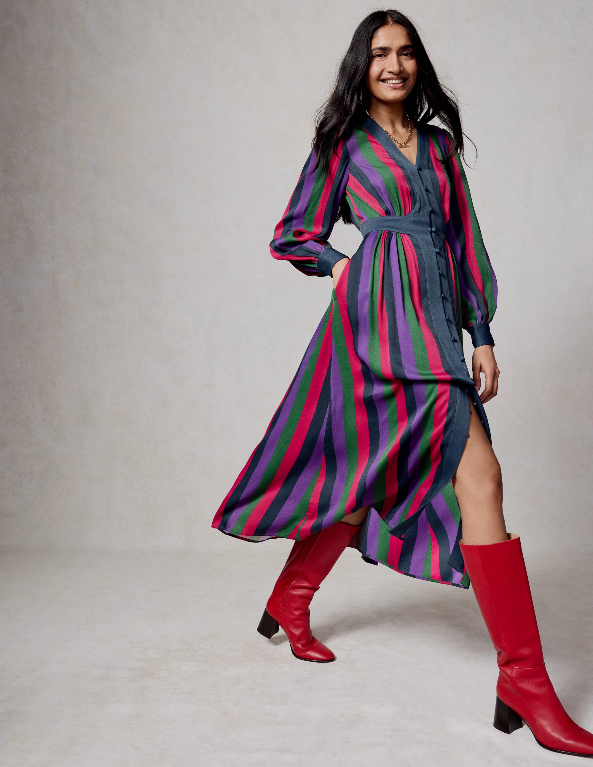 Colourblock V Neck Midi Dress-Pine and Ameythyst Stripe - Image 5