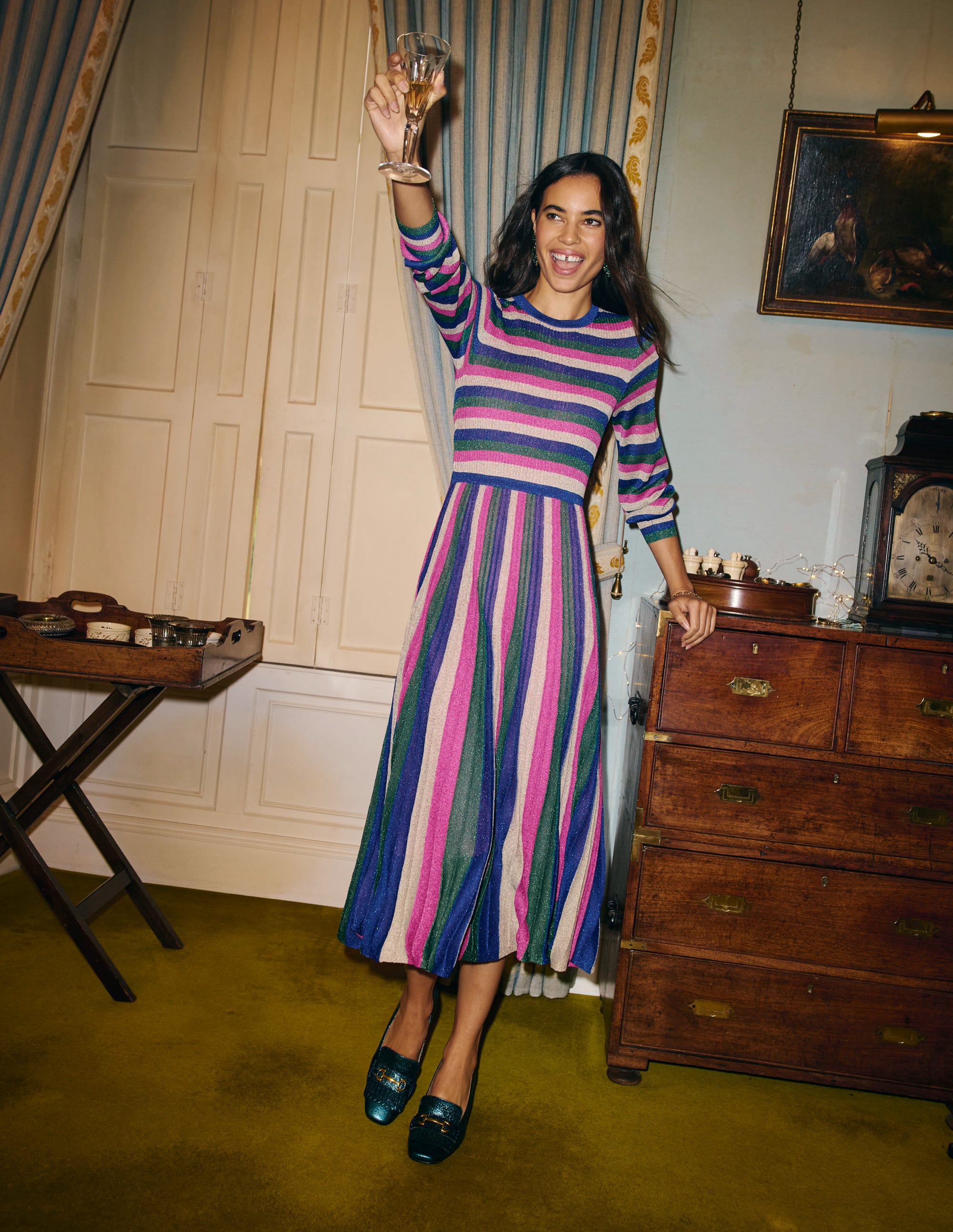 Ribbed Metallic Party Dress-Pink, Green and Gold Stripe - Image 5
