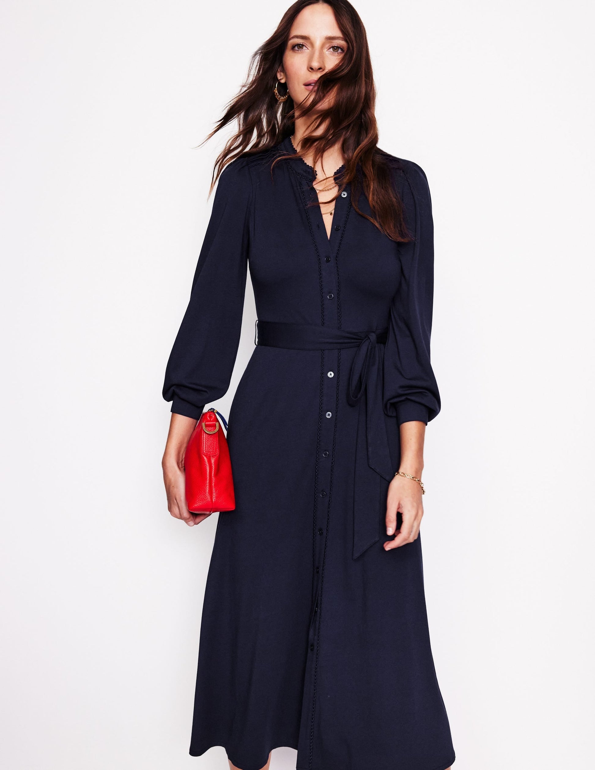 Rowena Trim Jersey Shirt Dress-Navy-1