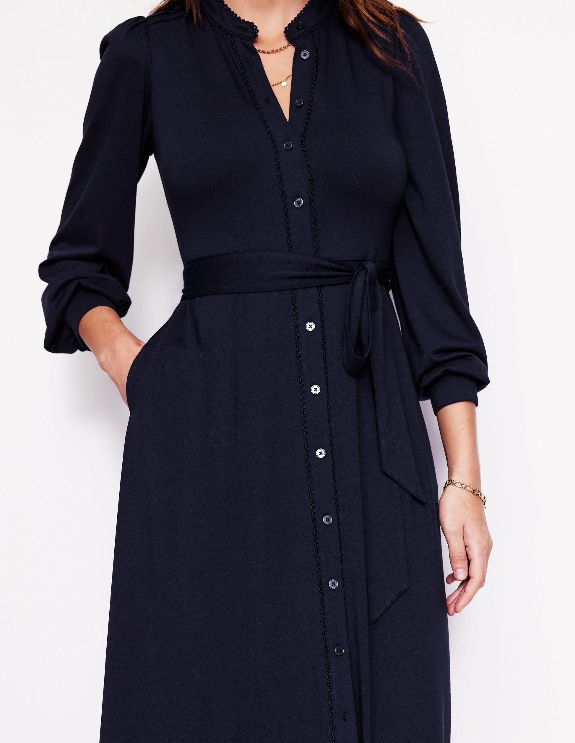Rowena Trim Jersey Shirt Dress-Navy-2