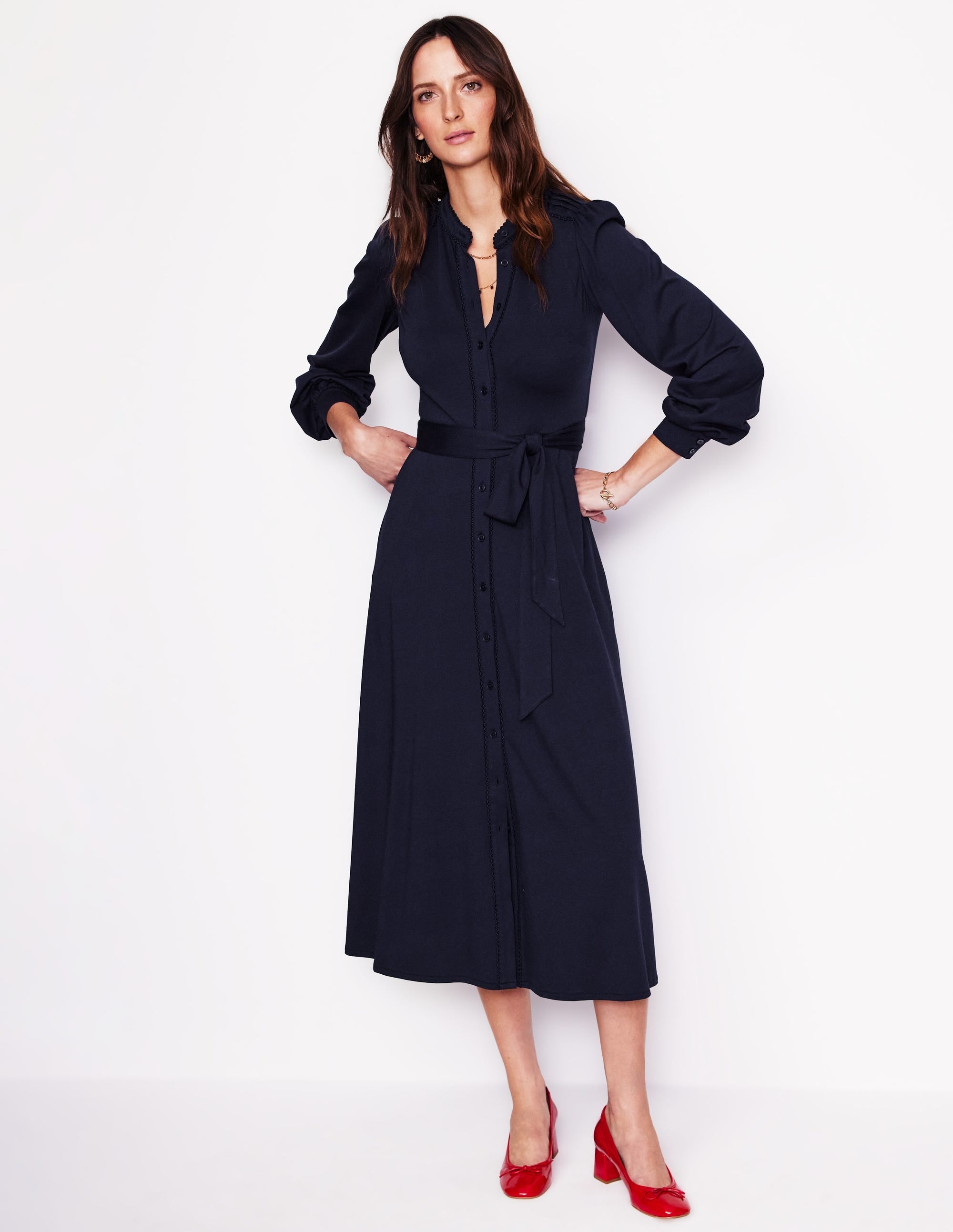 Rowena Trim Jersey Shirt Dress-Navy - Image 4