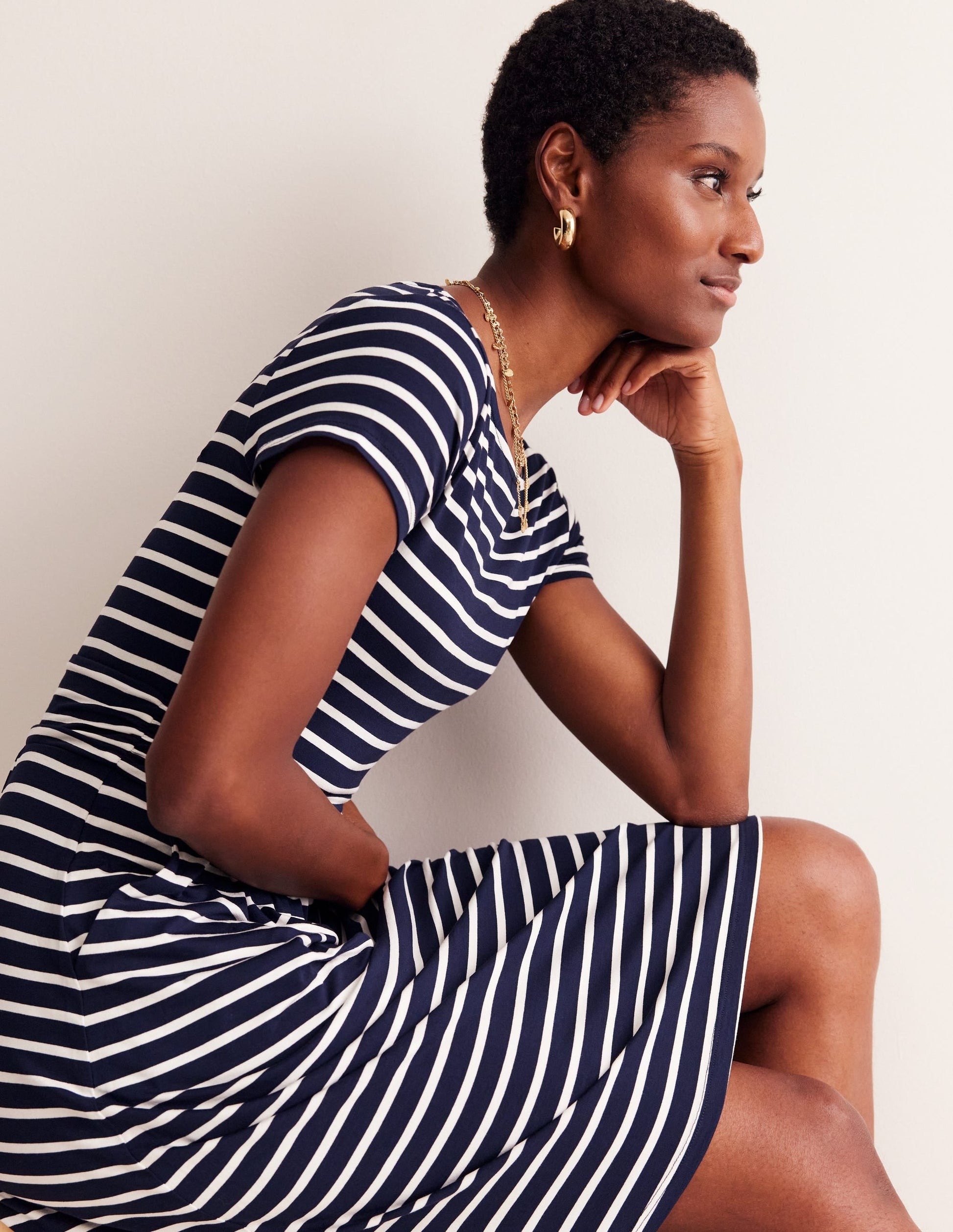 Amelie Jersey Dress-Navy, Ivory Stripe-5