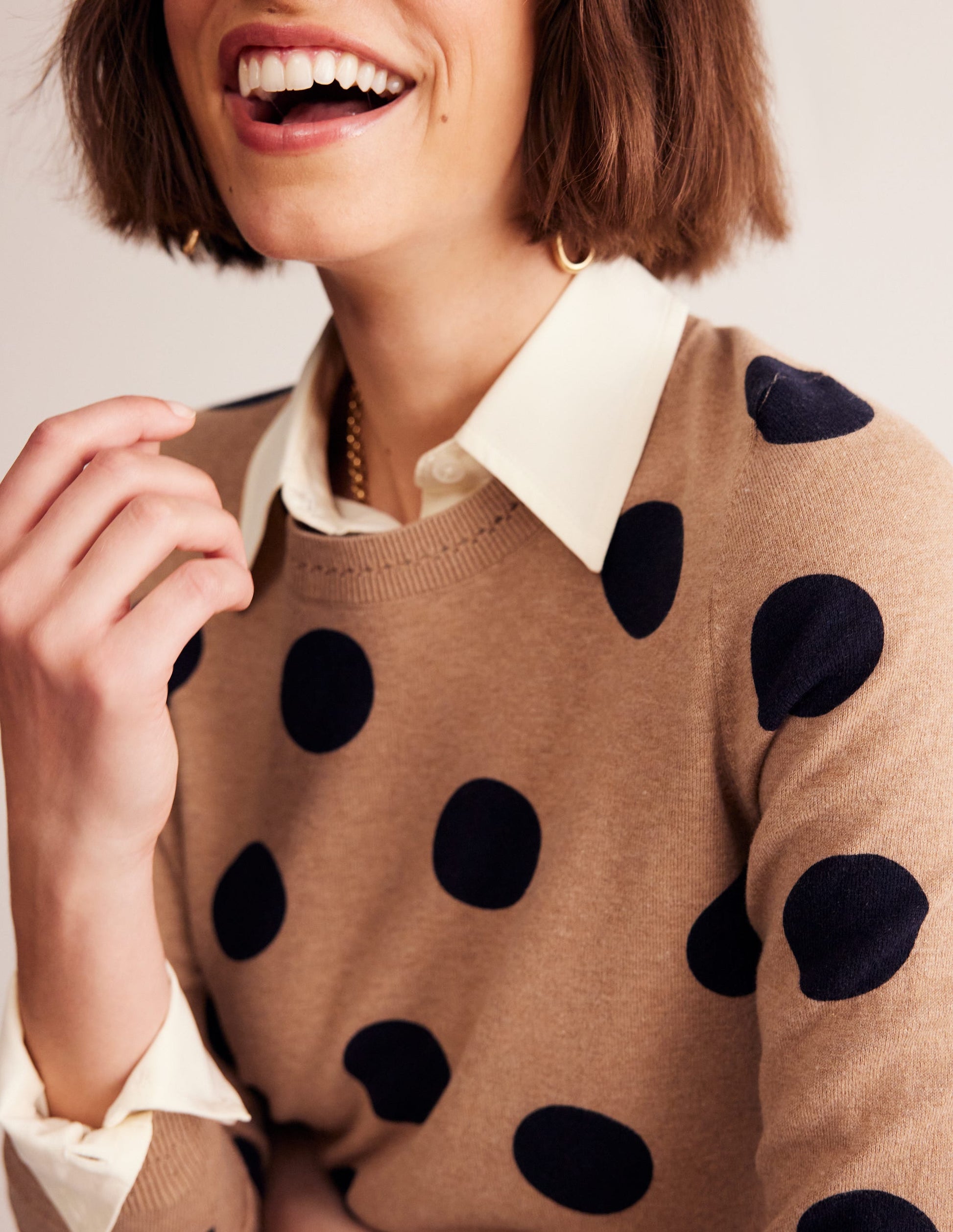 Catriona Cotton Crew Jumper-Camel Melange, Abstract Dot-2