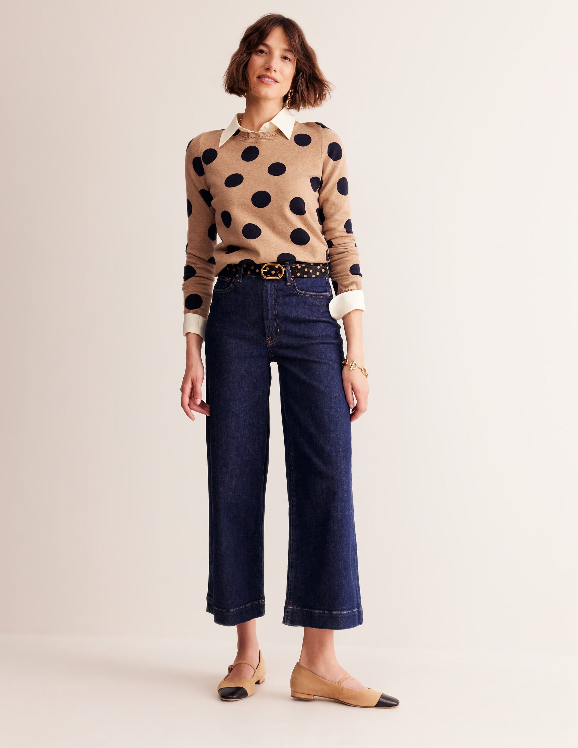 Catriona Cotton Crew Jumper-Camel Melange, Abstract Dot-5