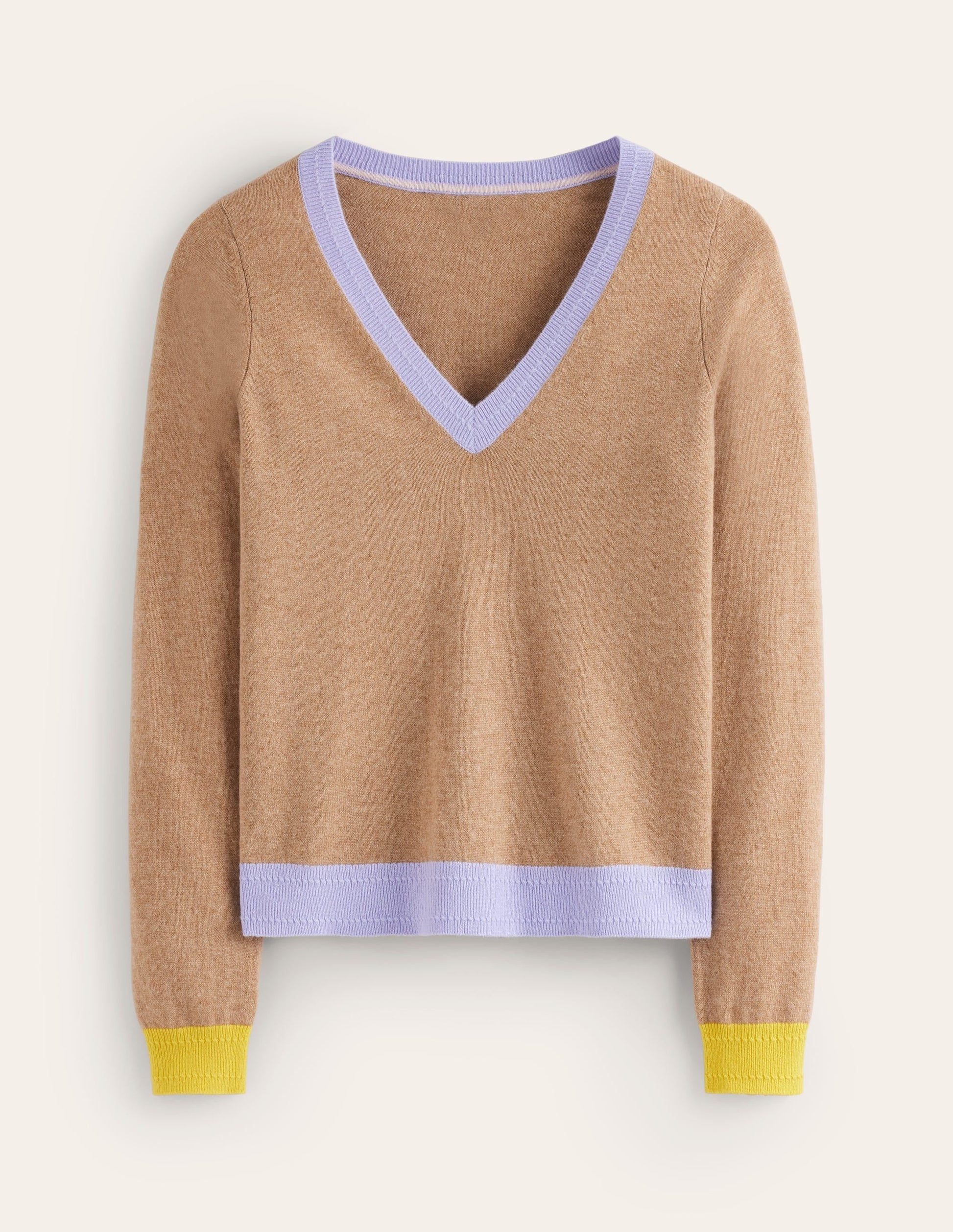 Eva Cashmere V-Neck Jumper-Camel Melange Colour Block-5