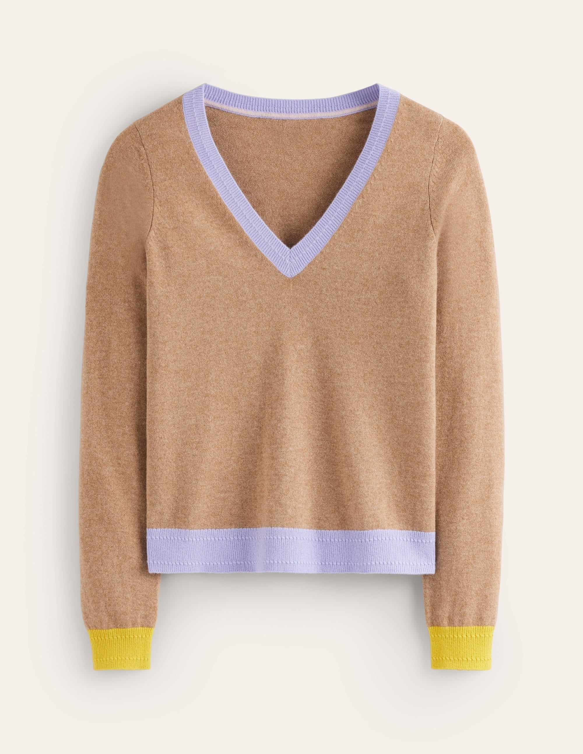 Eva Cashmere V-Neck Jumper-Camel Melange Colour Block - Image 5