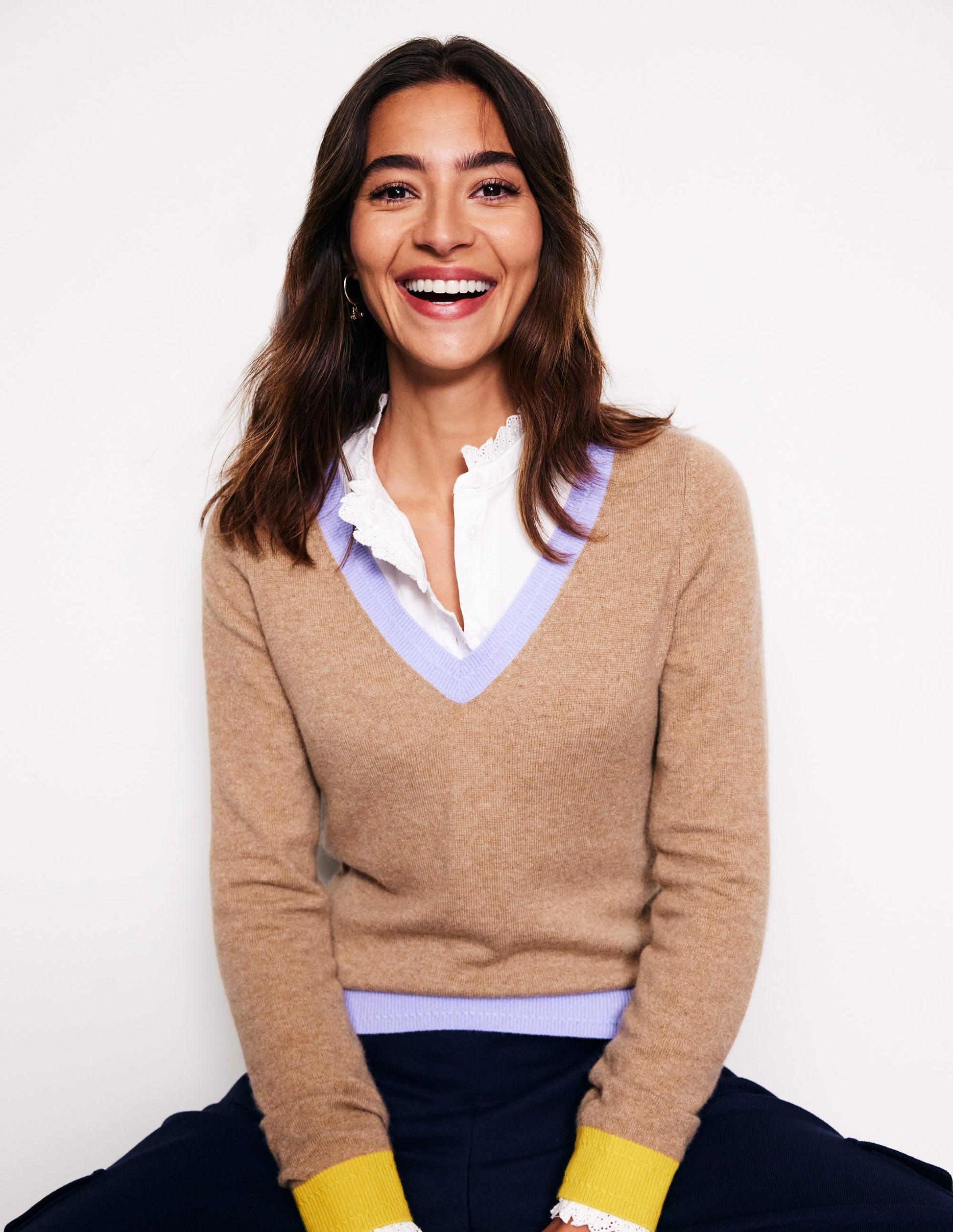 Eva Cashmere V-Neck Jumper-Camel Melange Colour Block-1