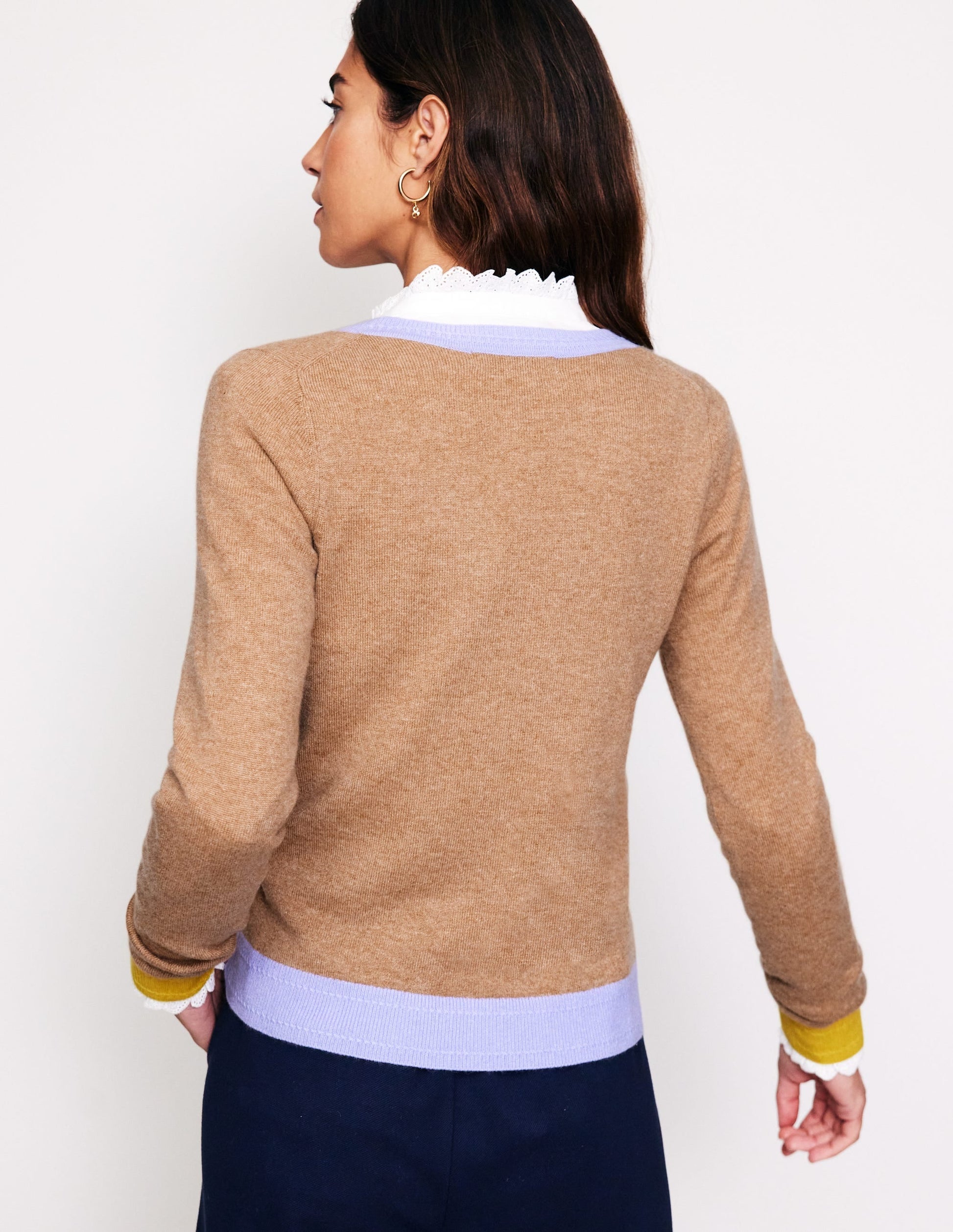Eva Cashmere V-Neck Jumper-Camel Melange Colour Block-3
