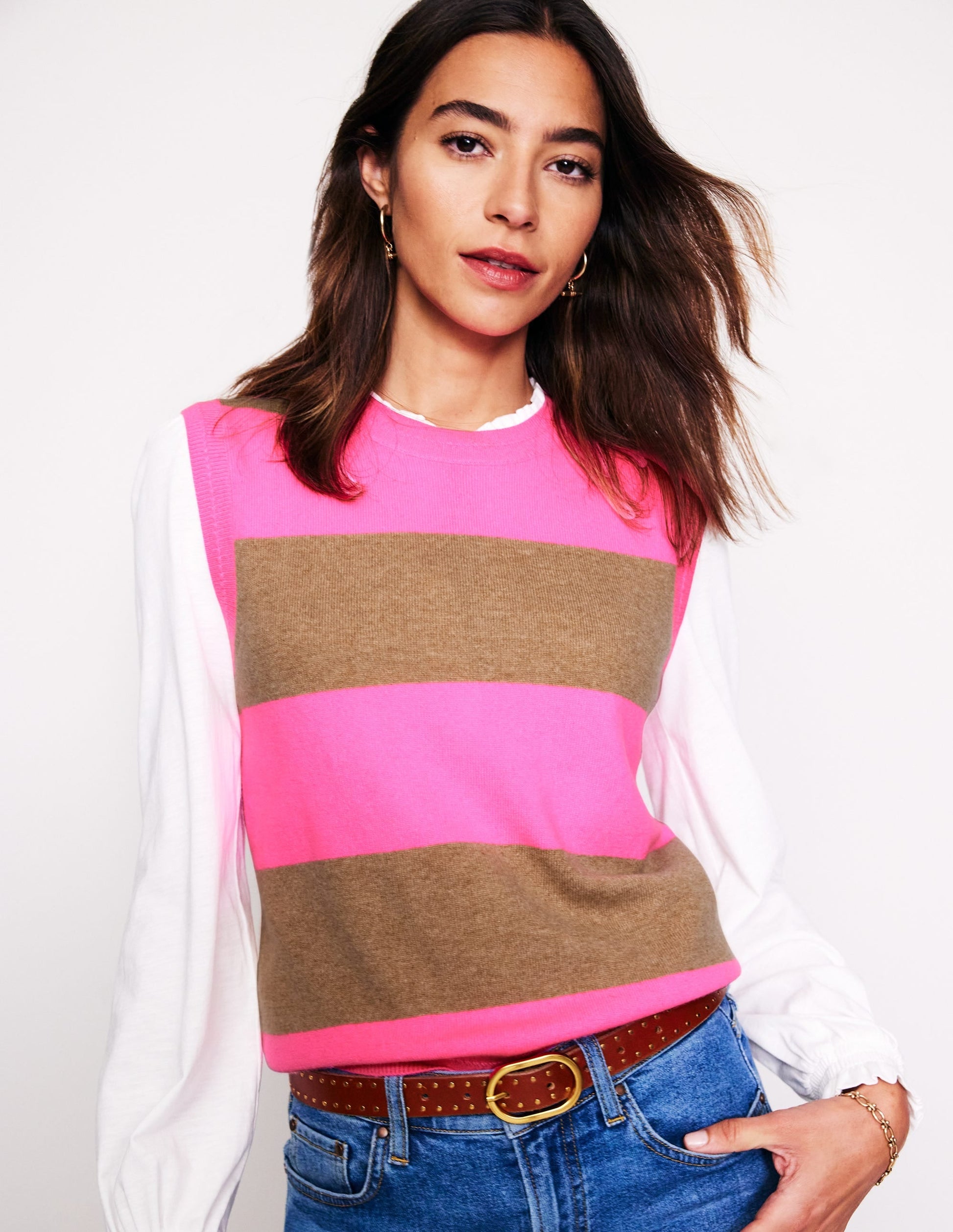 Eva Cashmere Tank-Camel Melange/ Fluro Pink-1