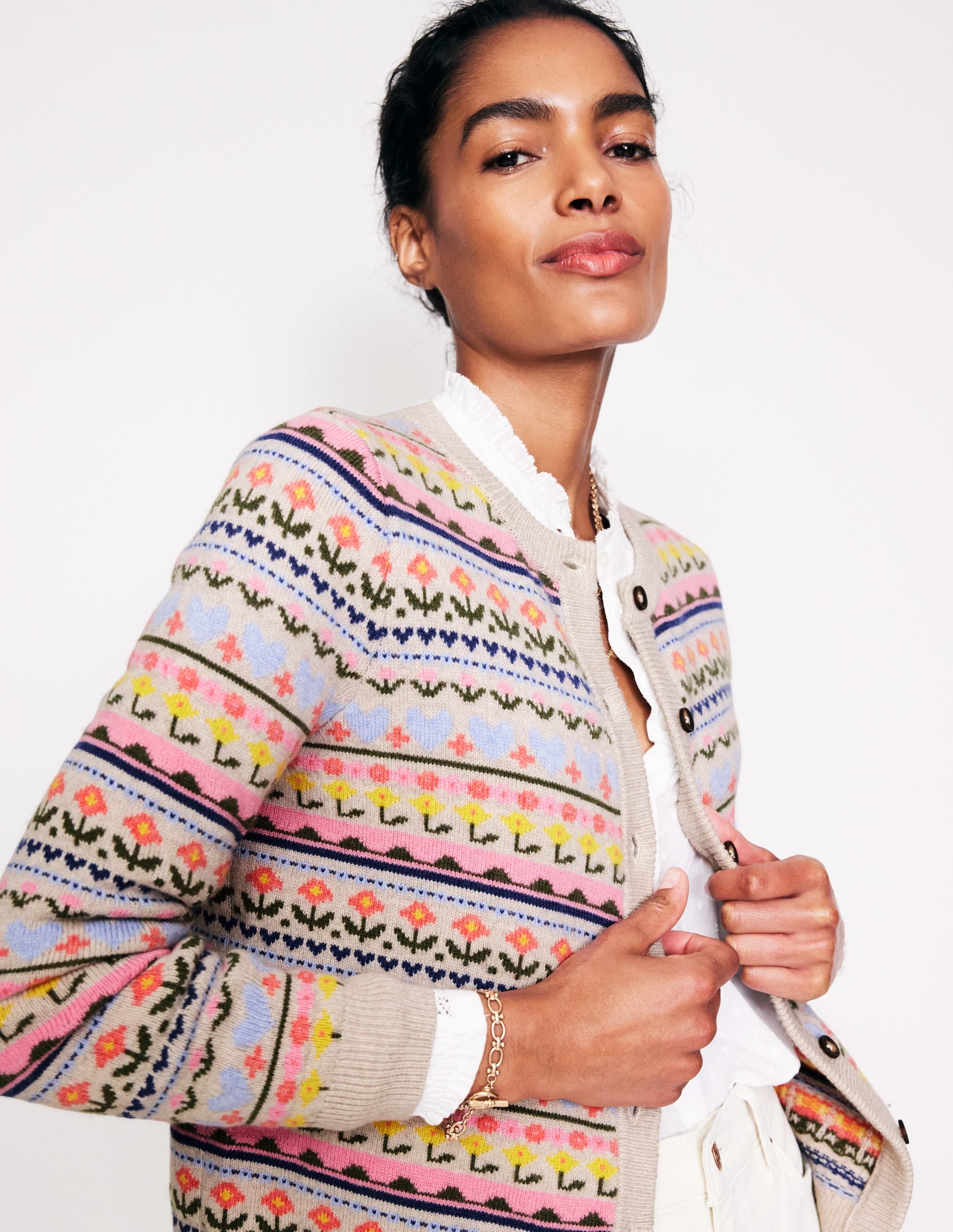 Edie Fair Isle Cardigan-Oatmeal Melange, Heart Flower - Image 2