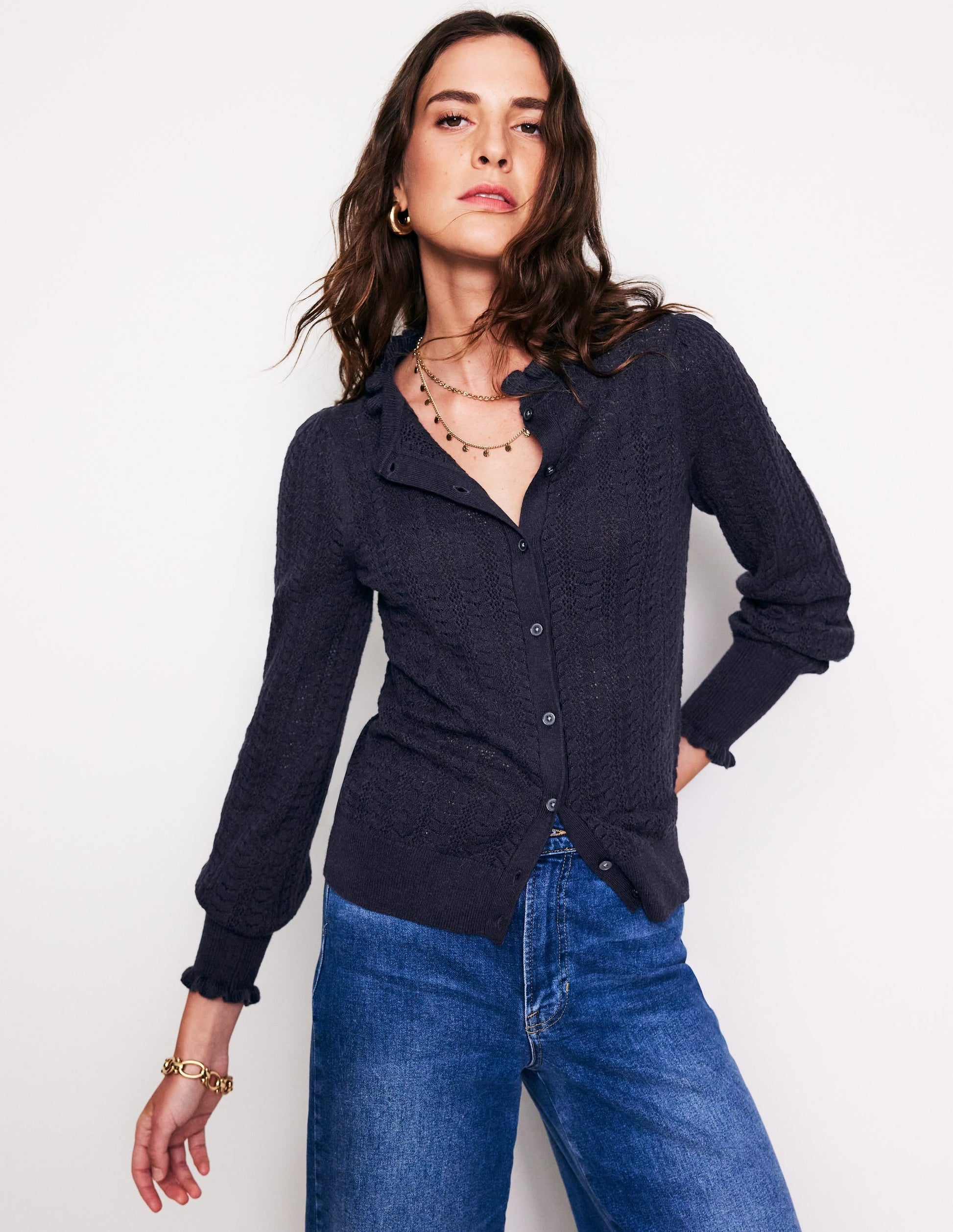 Tia Pointelle Frilled Cardigan-Navy-1