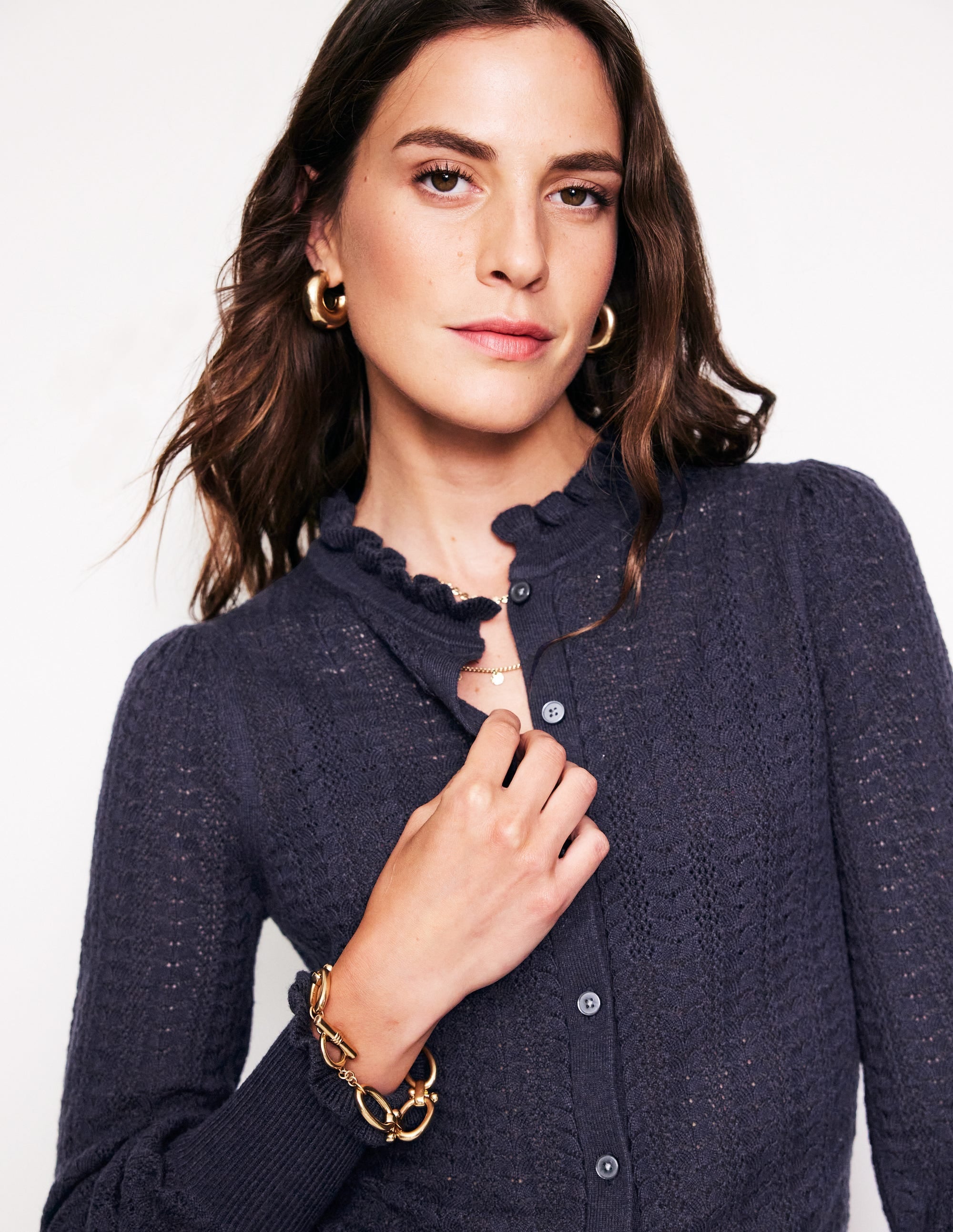 Tia Pointelle Frilled Cardigan-Navy - Image 2