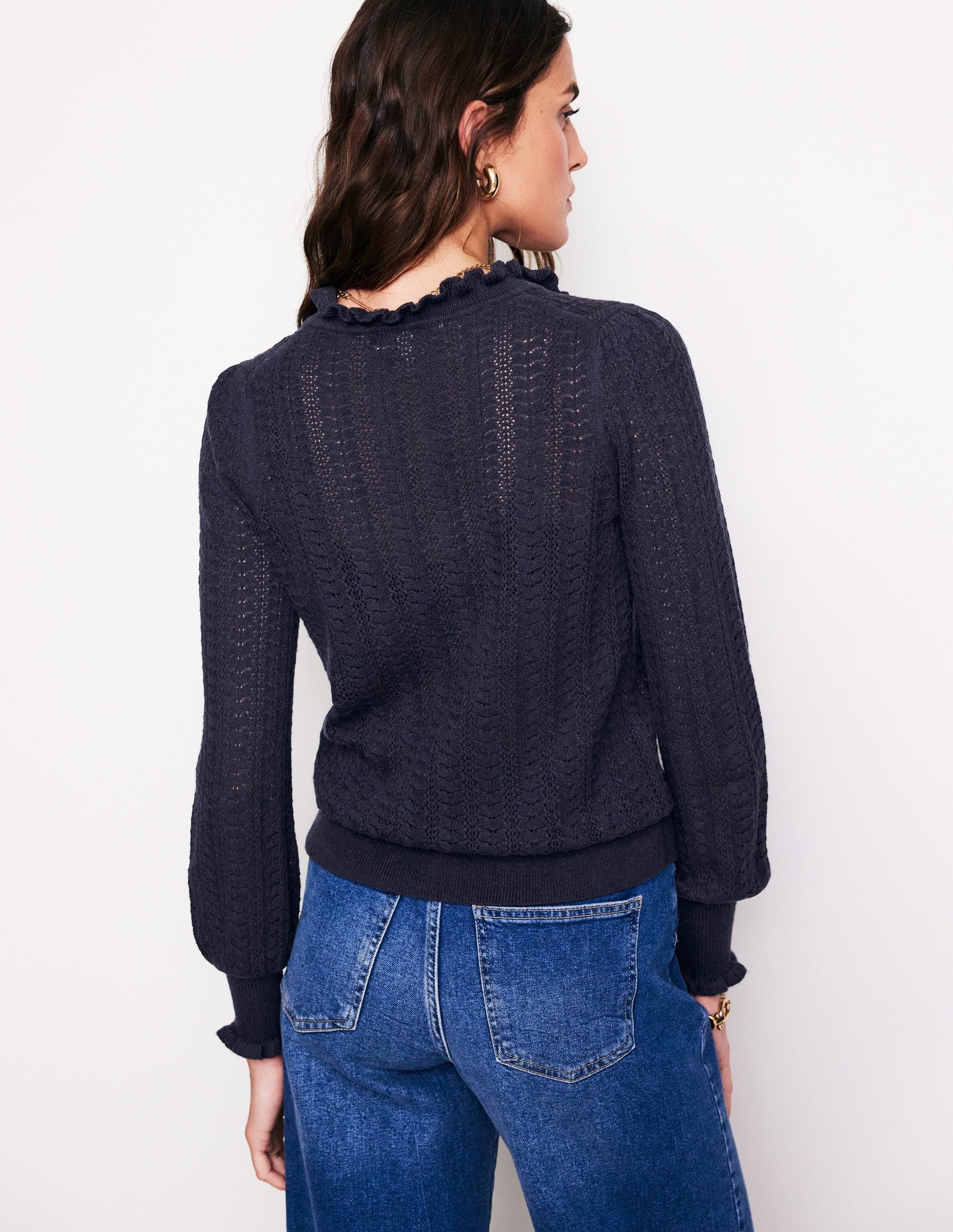 Tia Pointelle Frilled Cardigan-Navy-3