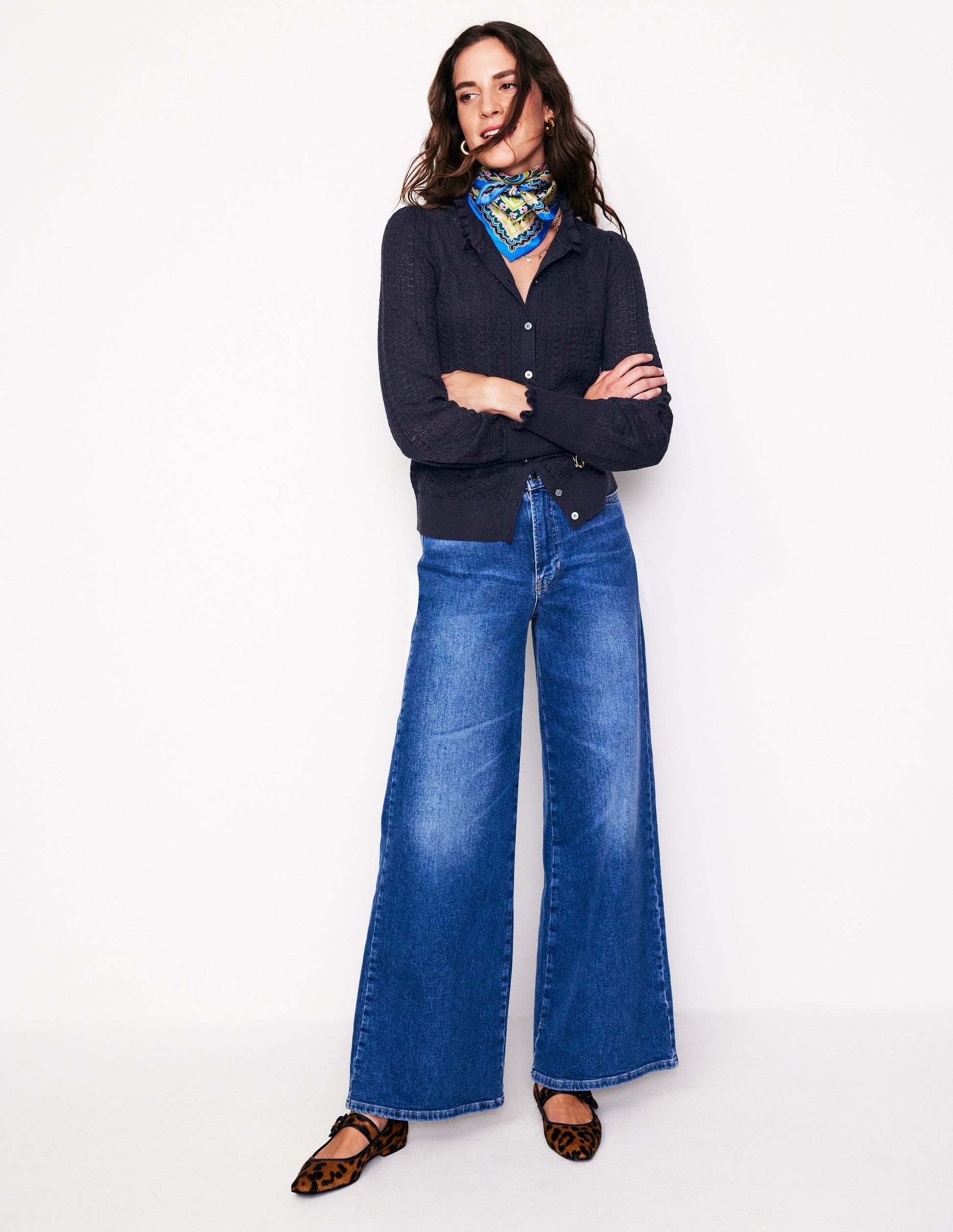 Tia Pointelle Frilled Cardigan-Navy-4