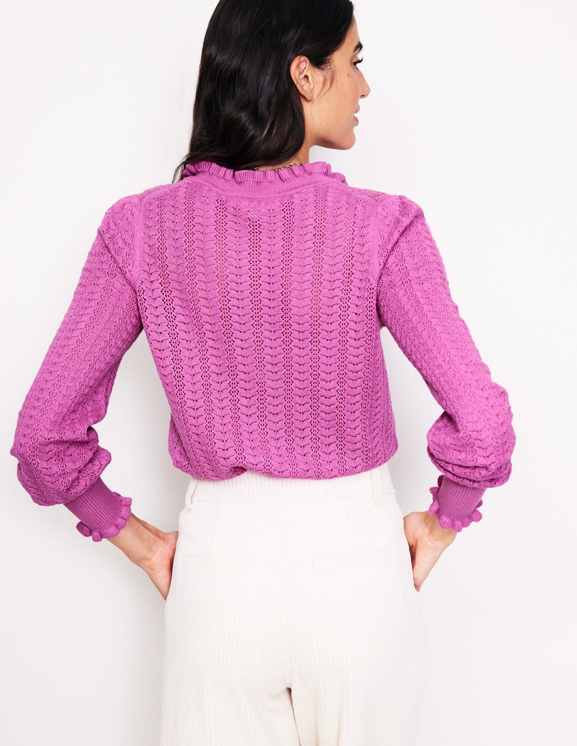 Tia Pointelle Frilled Cardigan-Foxglove Purple-3