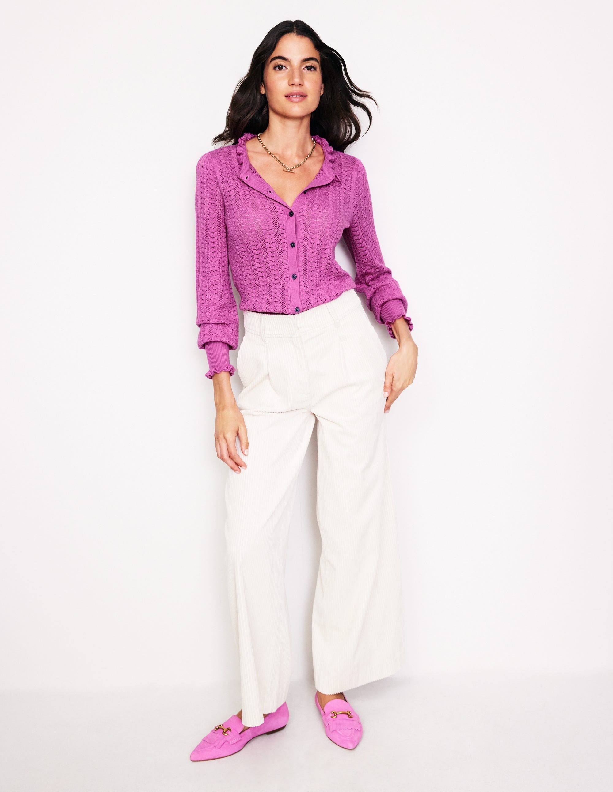 Tia Pointelle Frilled Cardigan-Foxglove Purple - Image 4