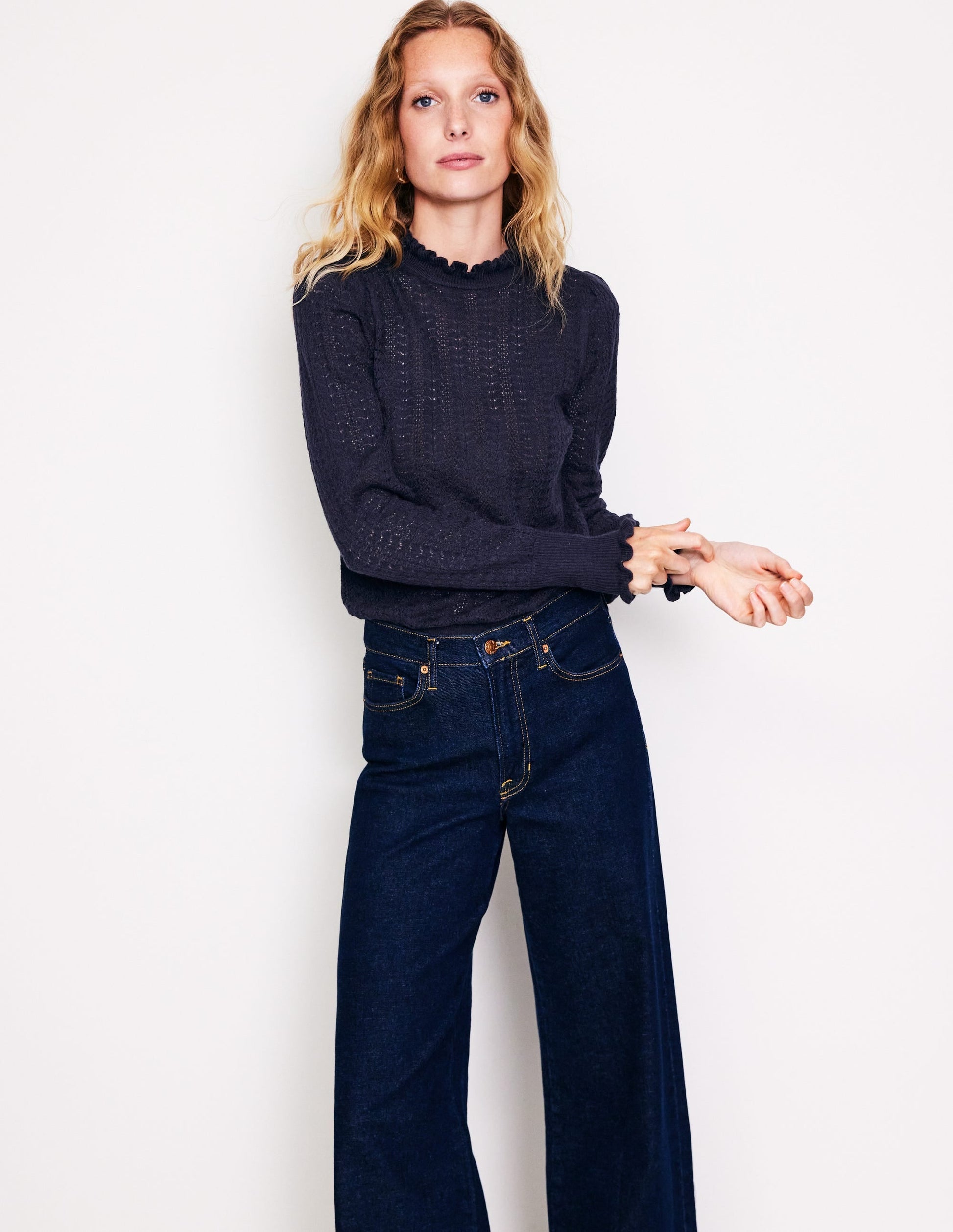 Tia Pointelle Frilled Jumper-Navy-1