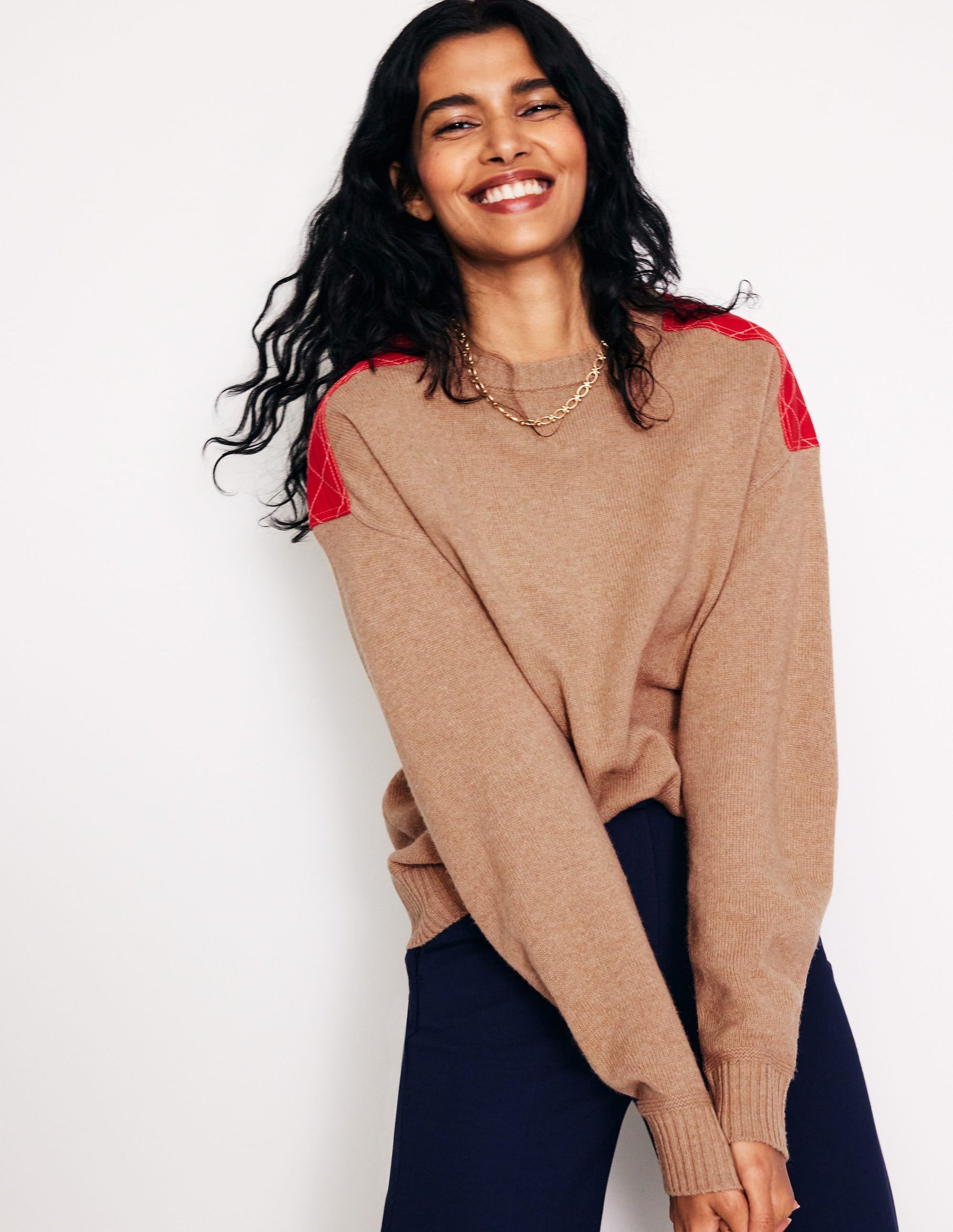 Quilted Patch Jumper-Camel Melange-1