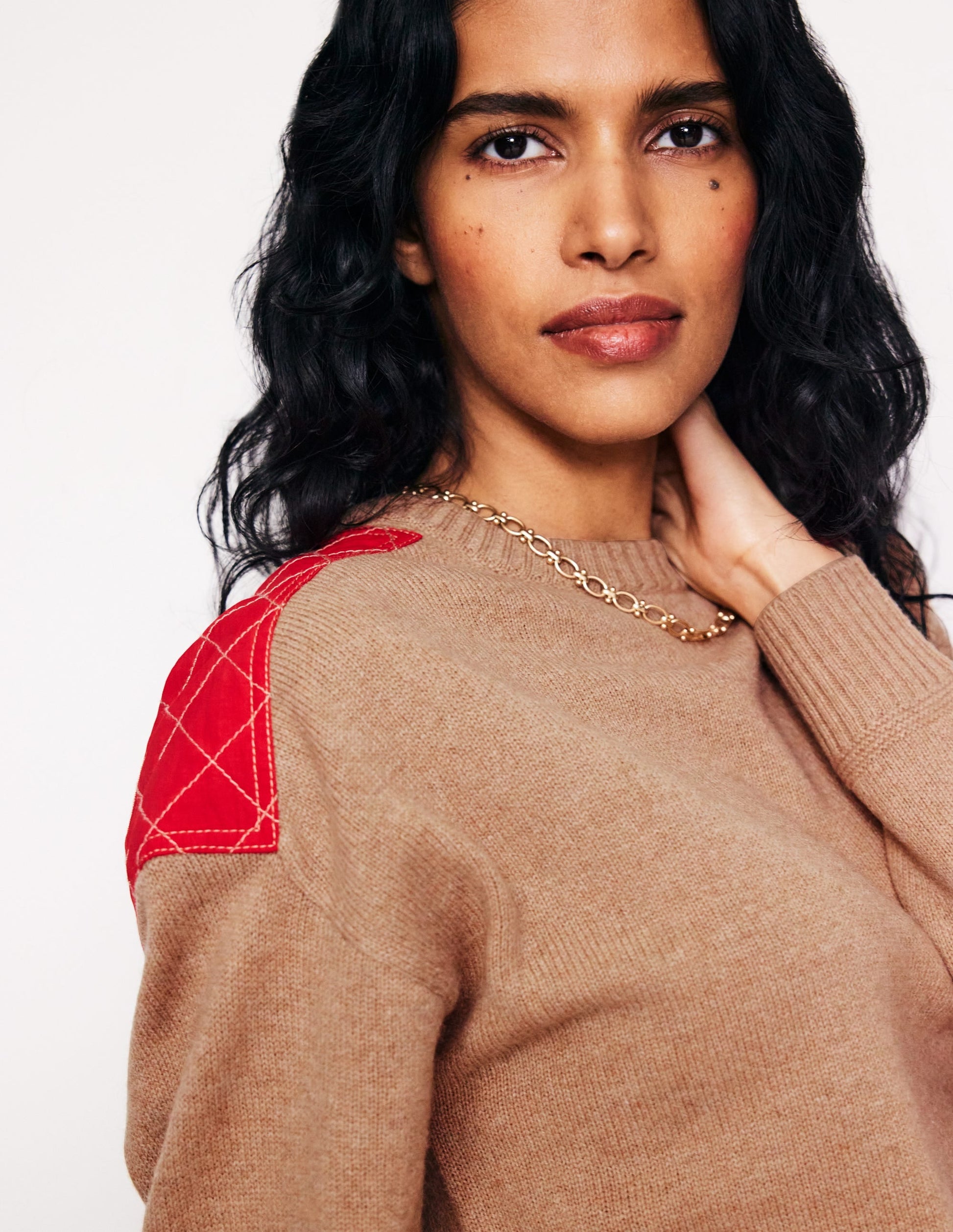 Quilted Patch Jumper-Camel Melange-2