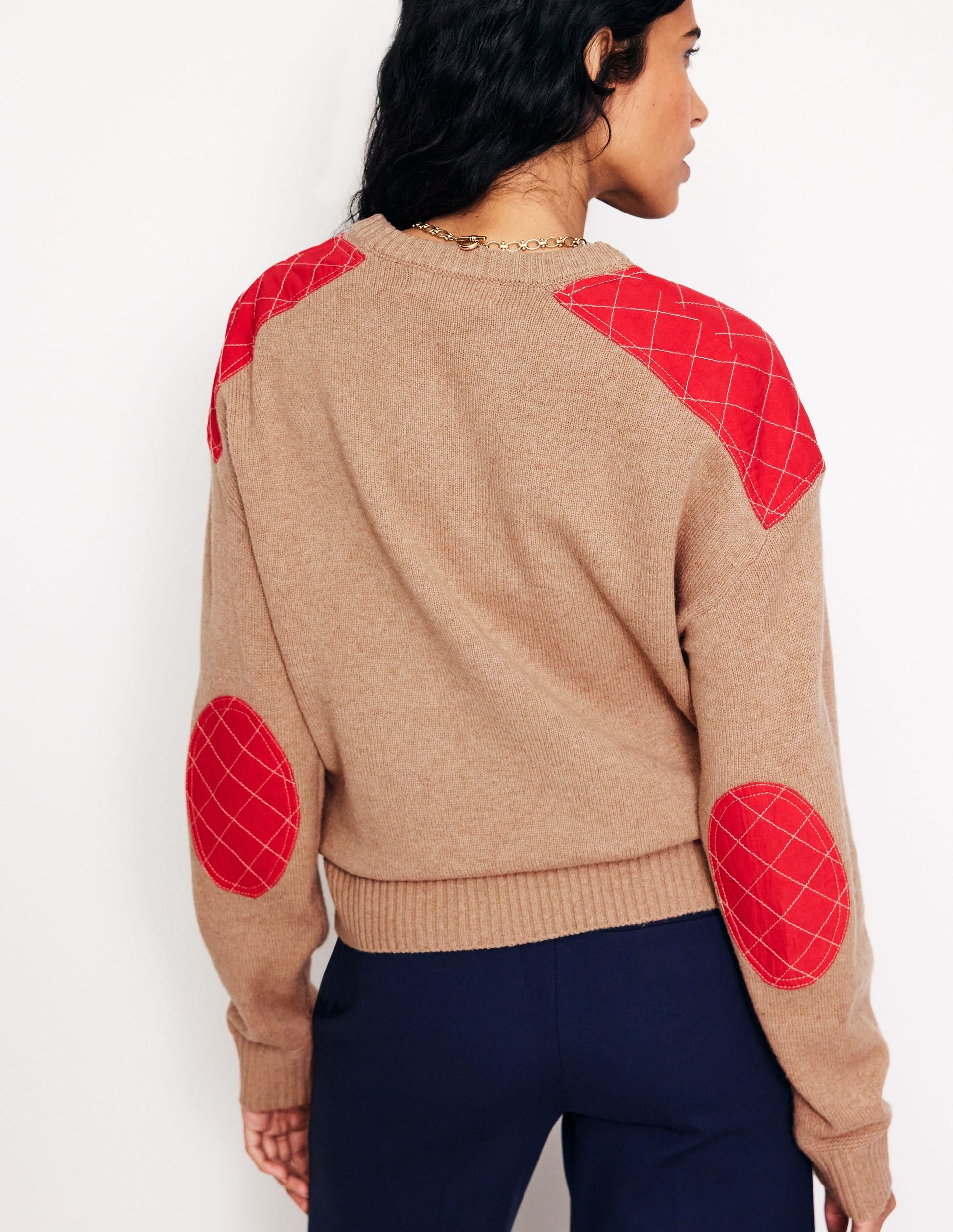 Quilted Patch Jumper-Camel Melange-3
