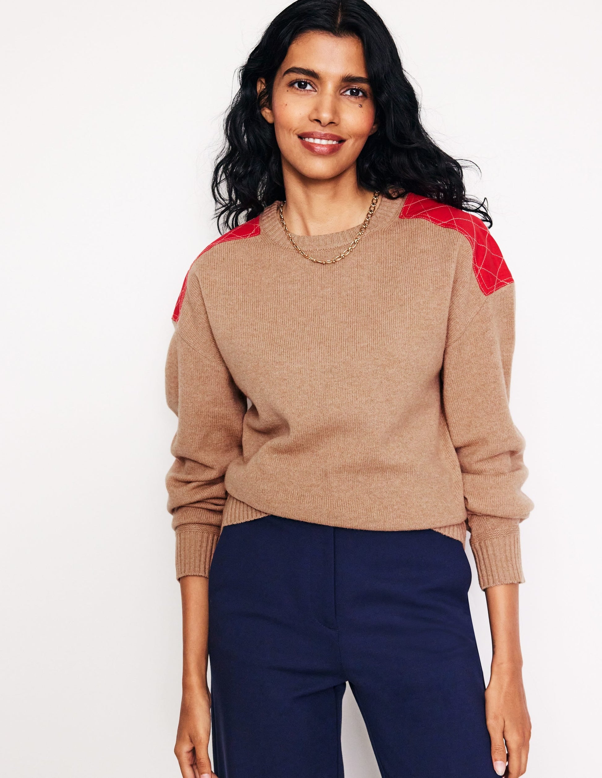 Quilted Patch Jumper-Camel Melange-4