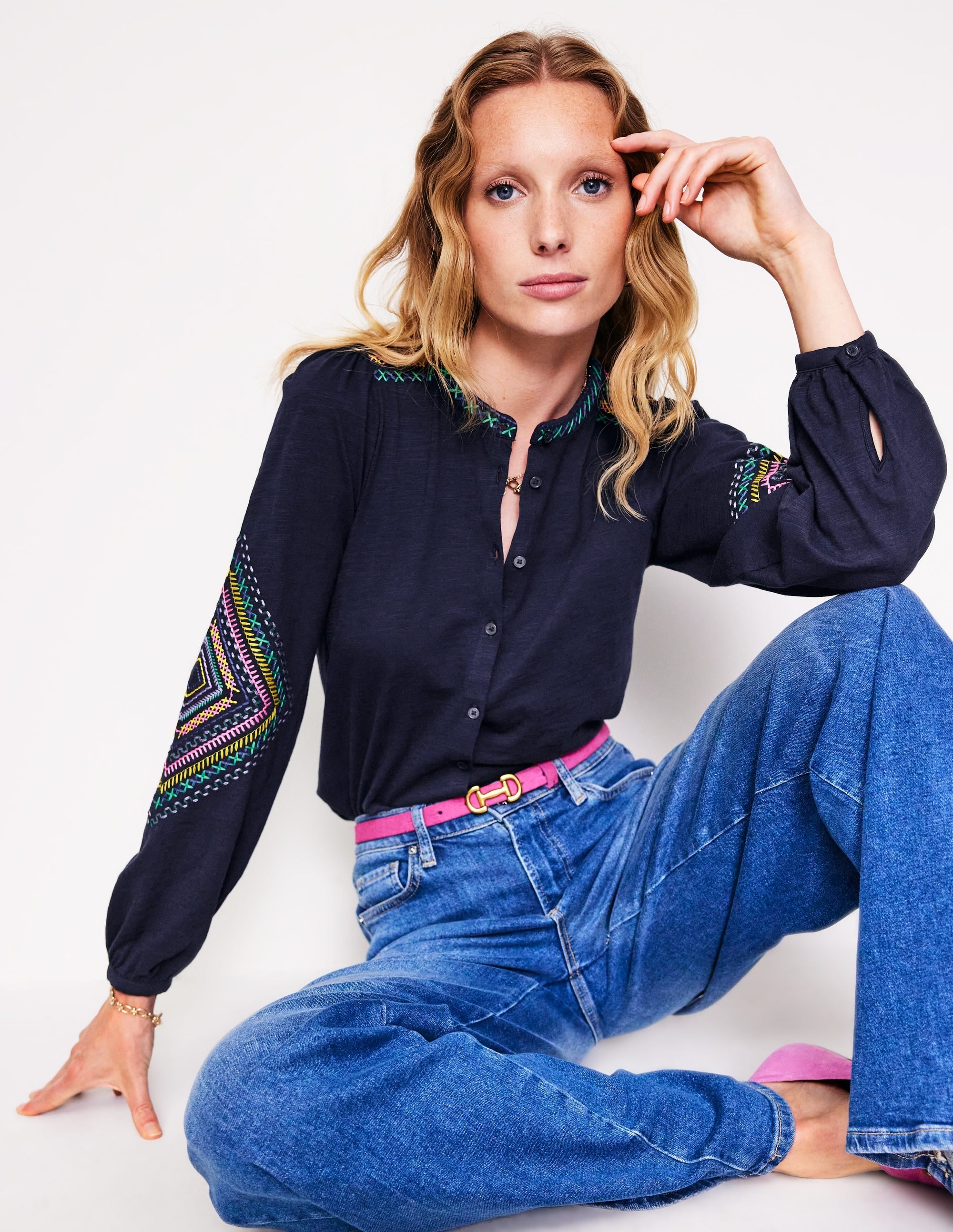 Marina Embroidered Shirt-Navy - Image 4