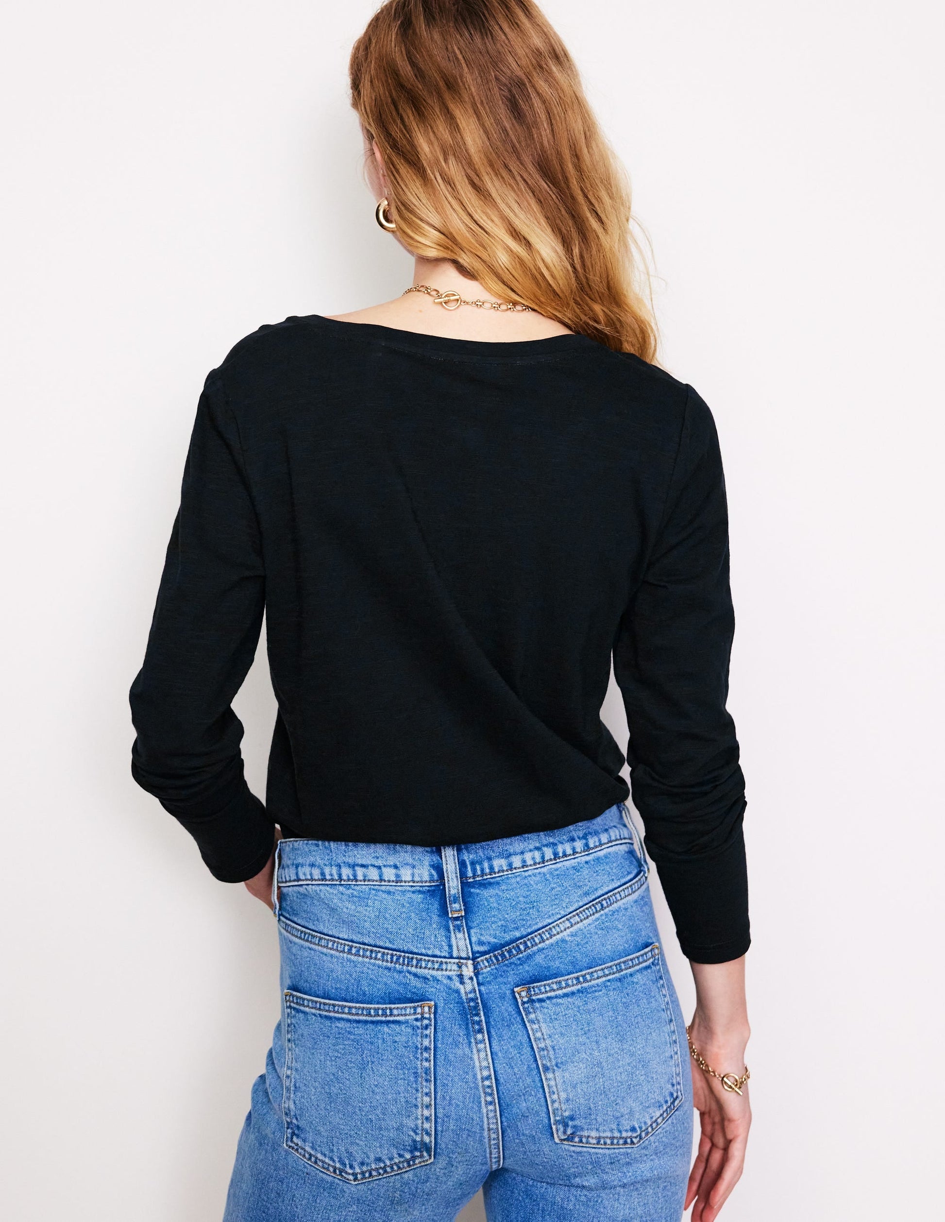 Cotton V-Neck Long Sleeve Top-Black-3