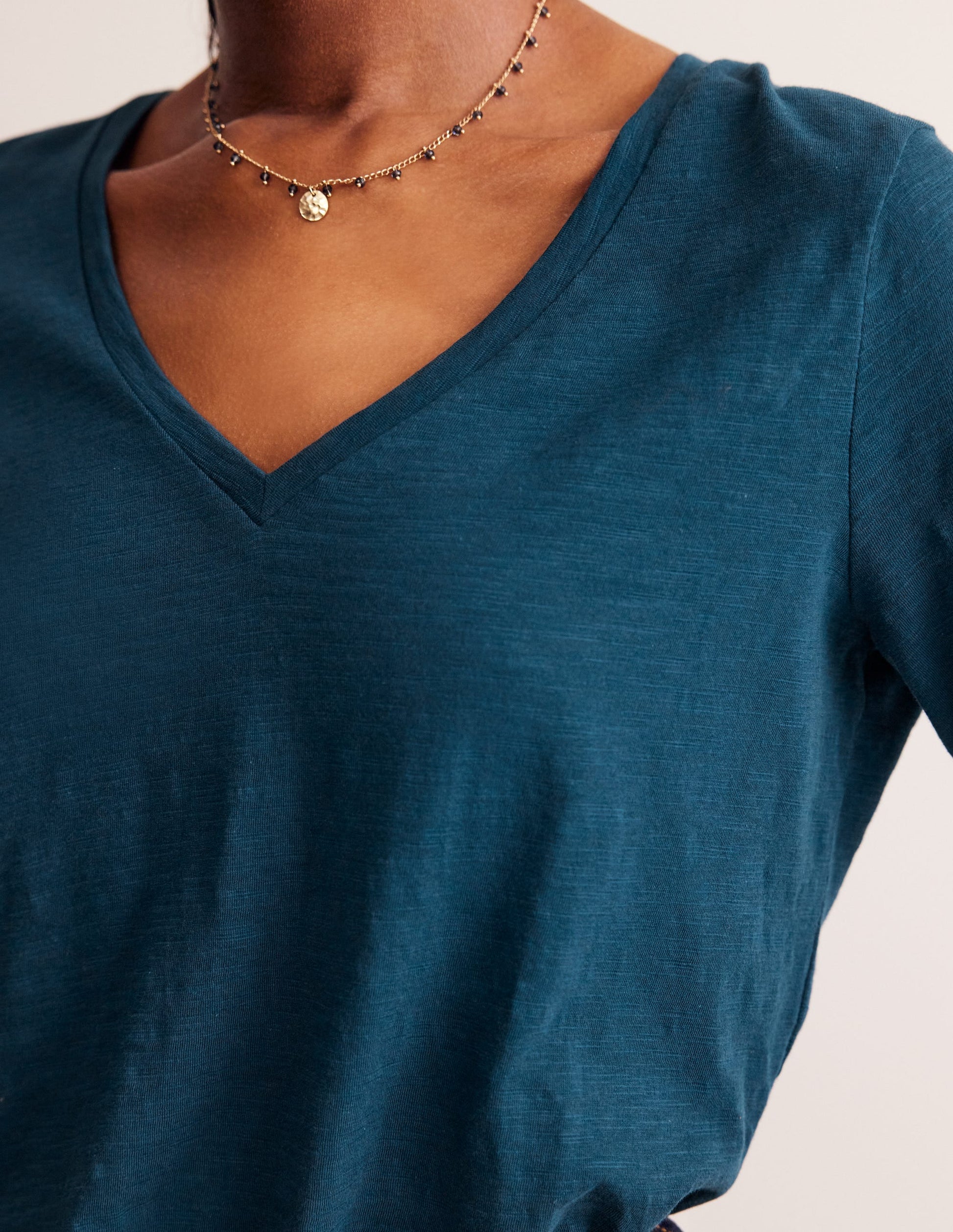 Cotton V-Neck Long Sleeve Top-Harbour Blue-2