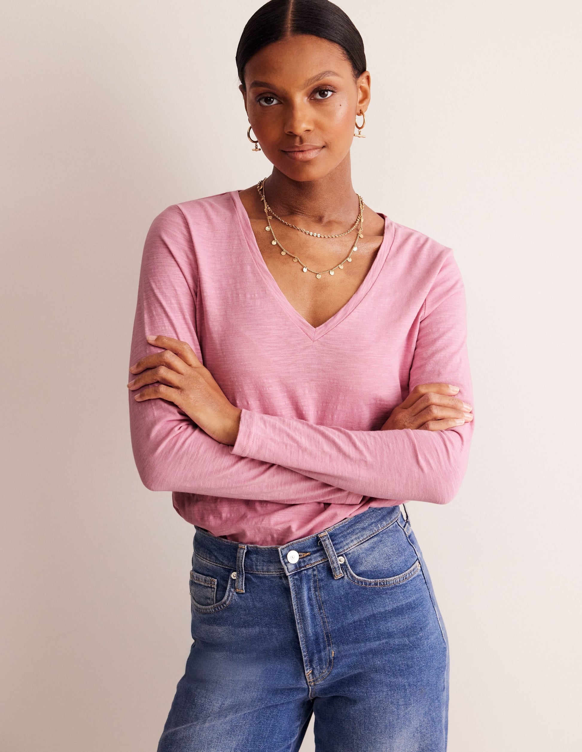 Cotton V-Neck Long Sleeve Top-Old Rose-1