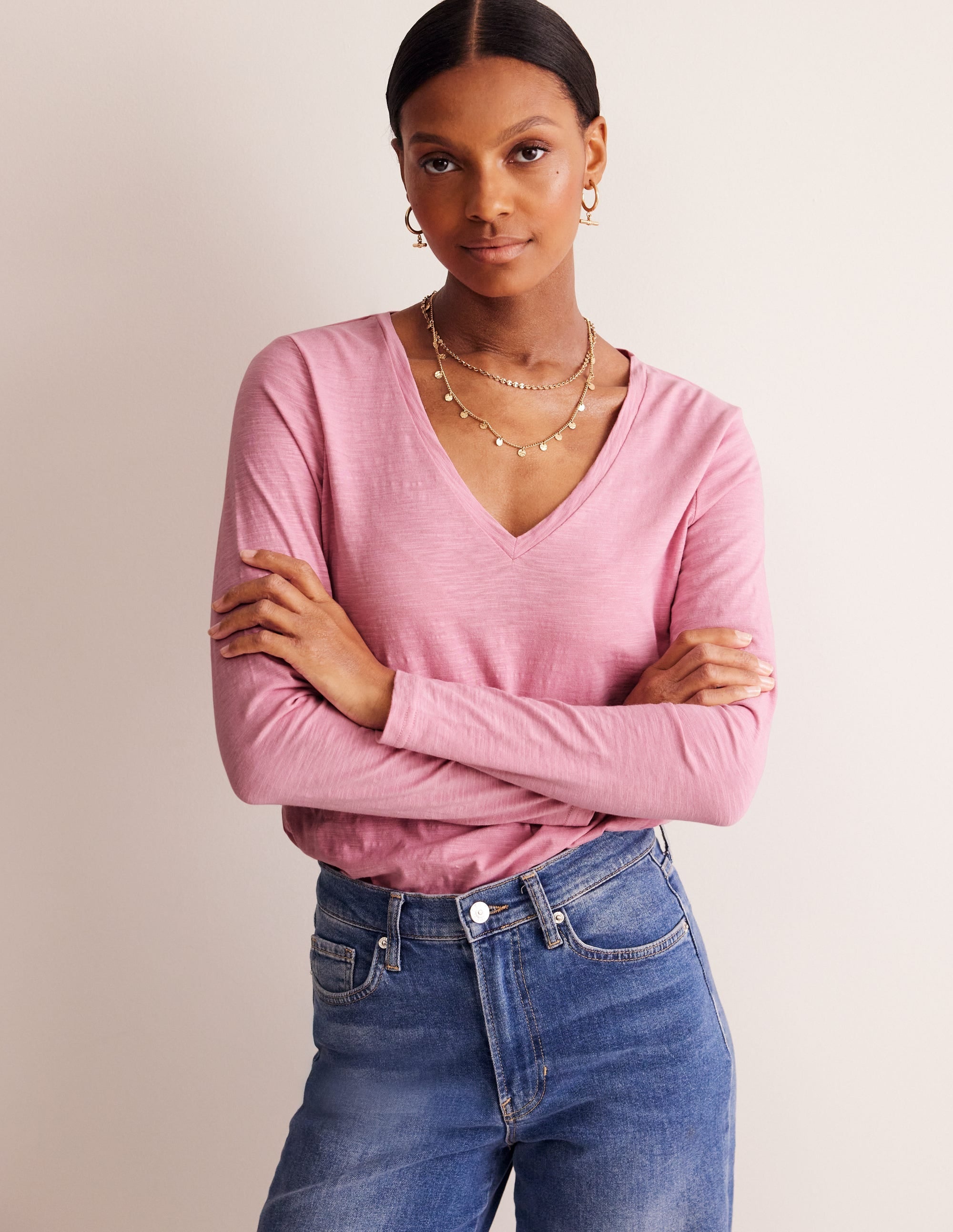 Cotton V-Neck Long Sleeve Top-Old Rose - Image 1