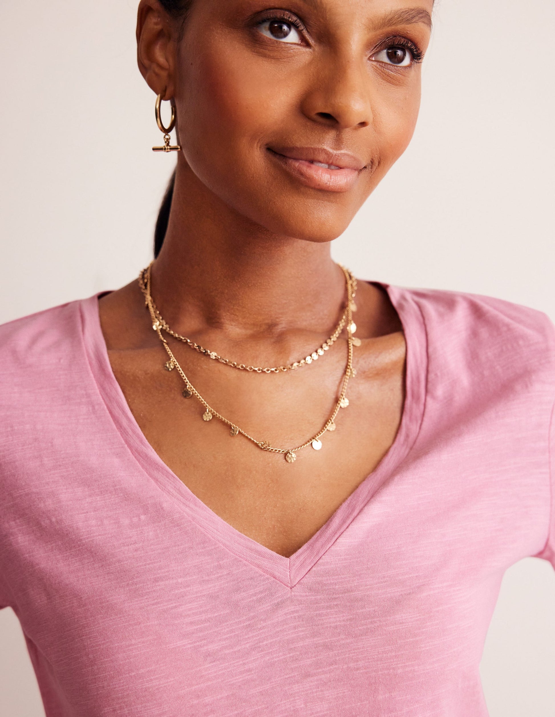 Cotton V-Neck Long Sleeve Top-Old Rose-2