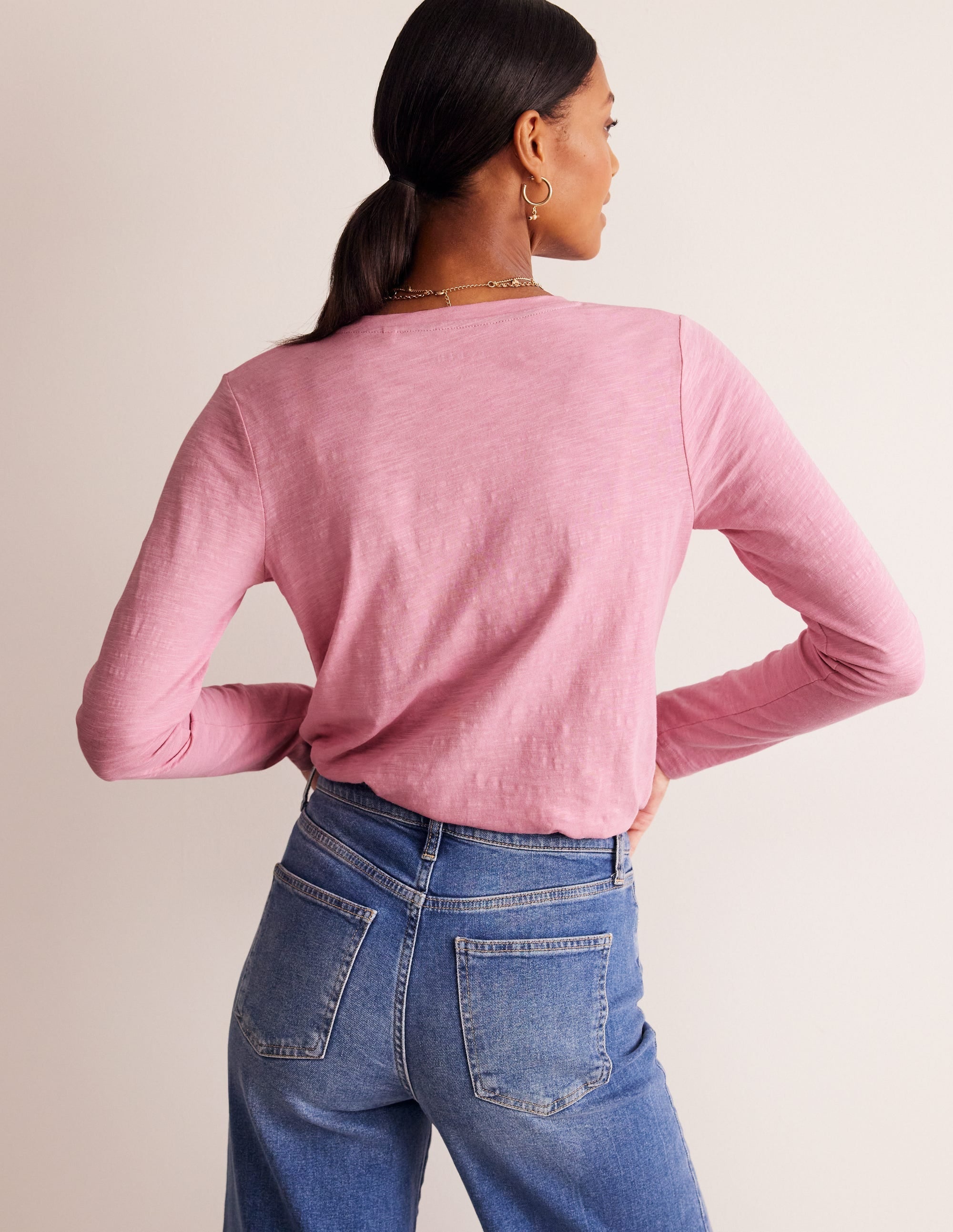 Cotton V-Neck Long Sleeve Top-Old Rose - Image 3