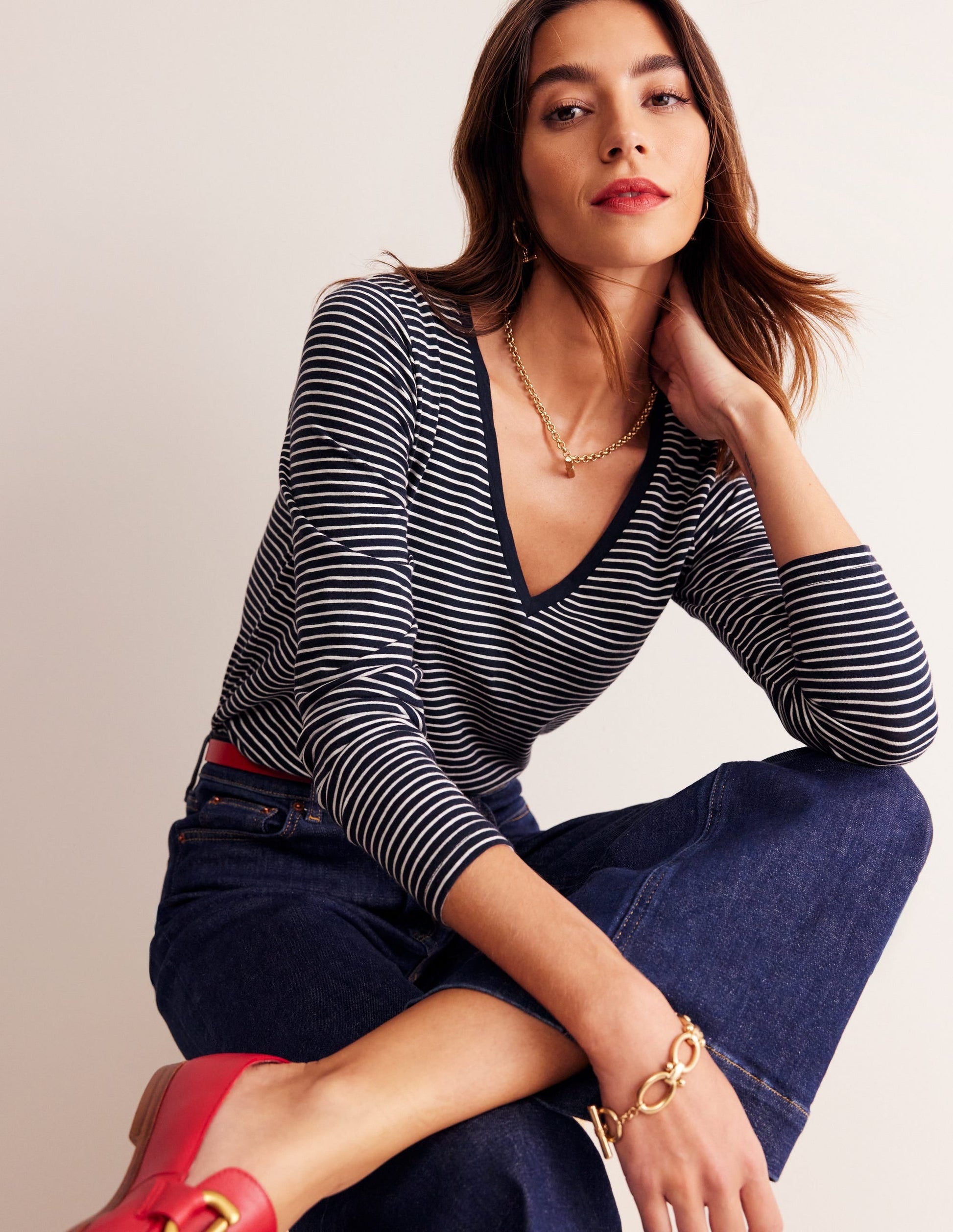 Cotton V-Neck Long Sleeve Top-Navy, Ivory-1