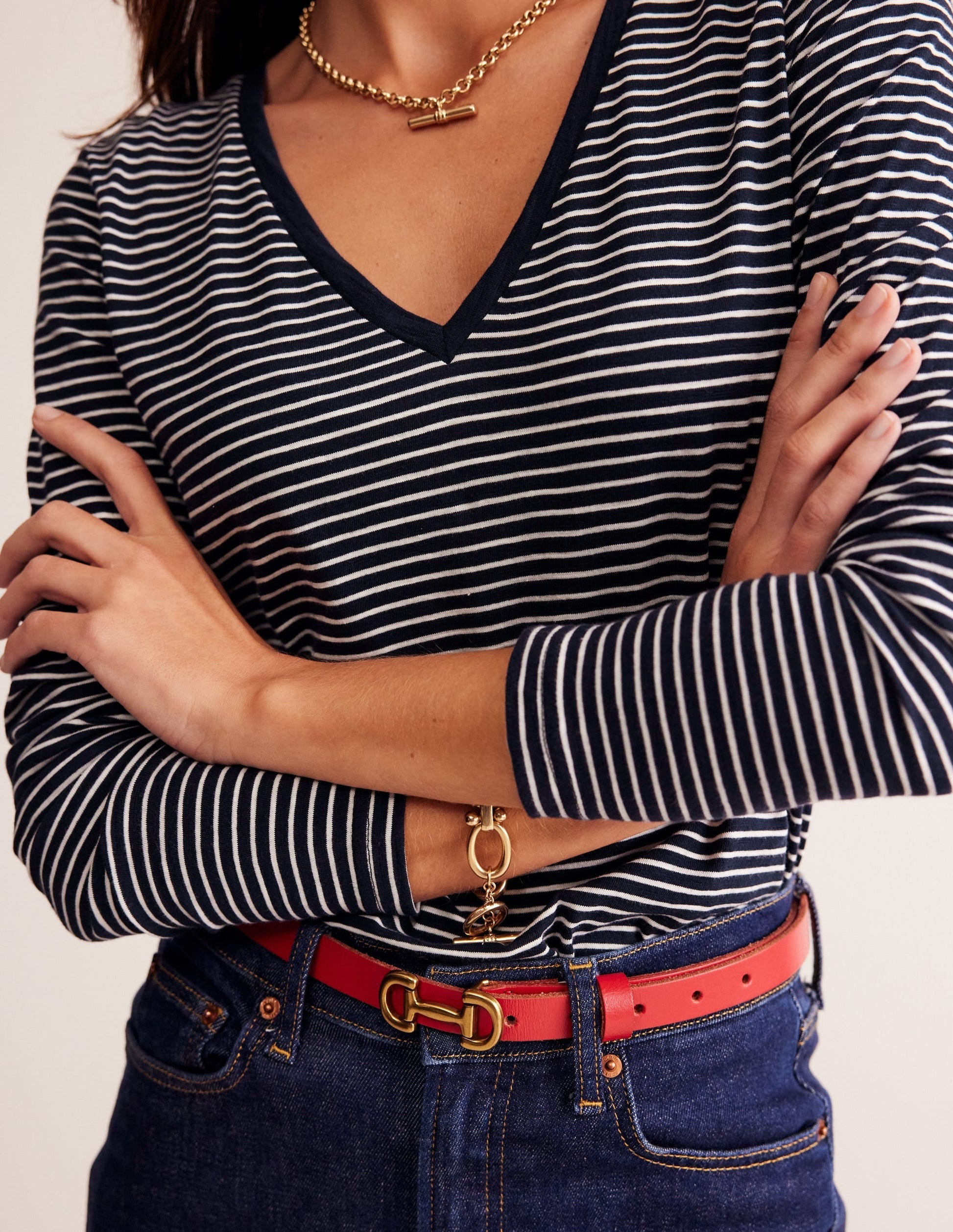 Cotton V-Neck Long Sleeve Top-Navy, Ivory-2