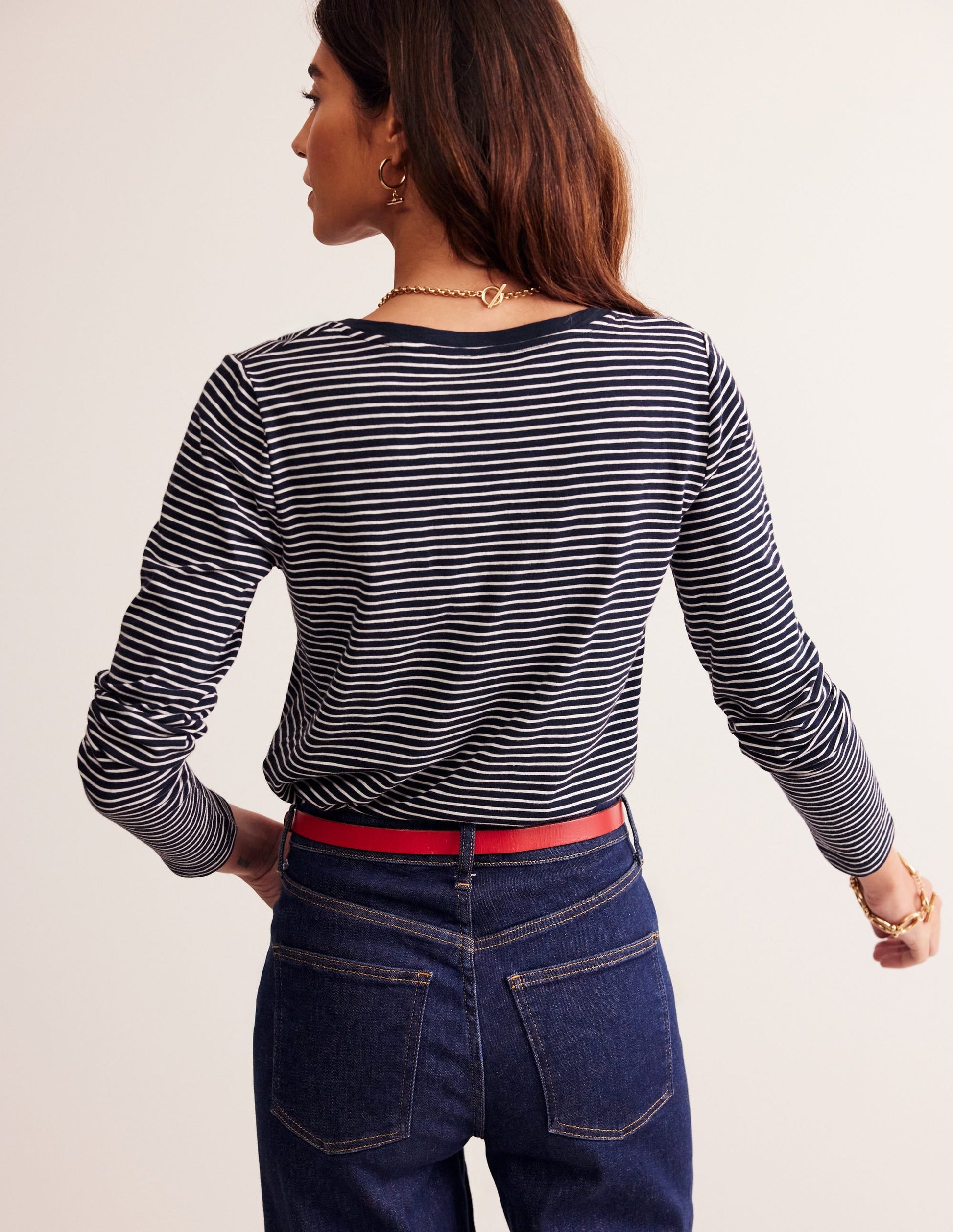 Cotton V-Neck Long Sleeve Top-Navy, Ivory-3