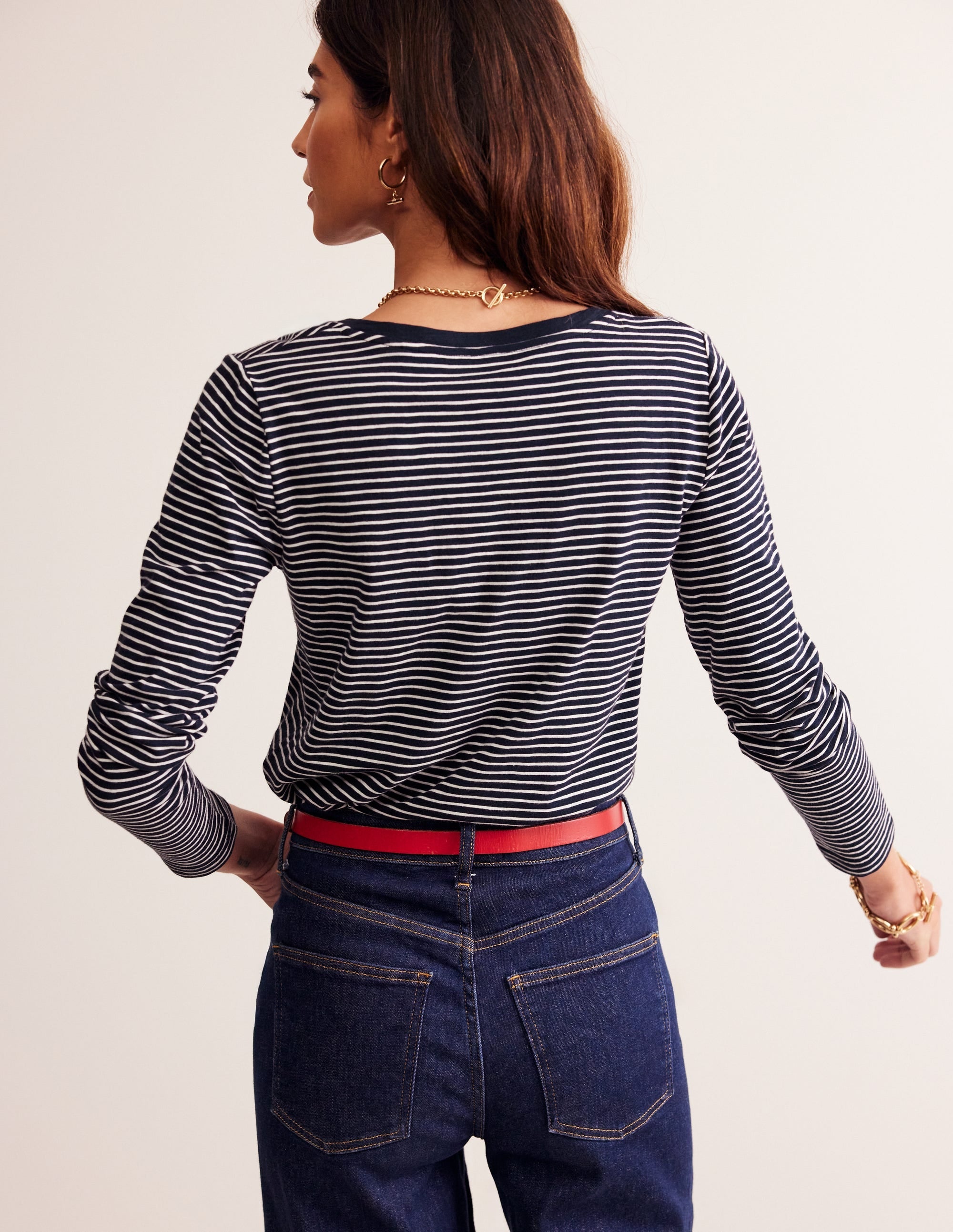 Cotton V-Neck Long Sleeve Top-Navy, Ivory - Image 3
