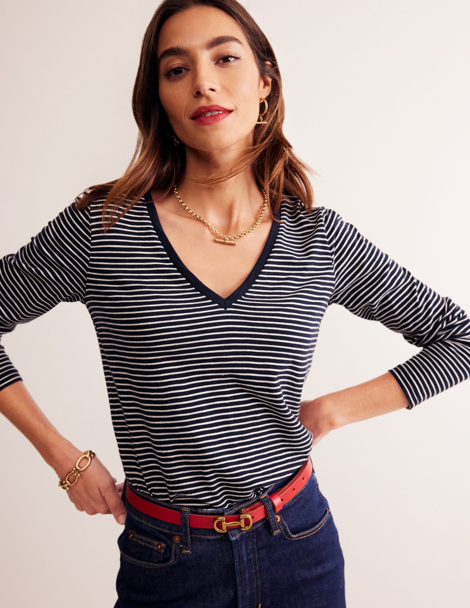 Cotton V-Neck Long Sleeve Top-Navy, Ivory-4