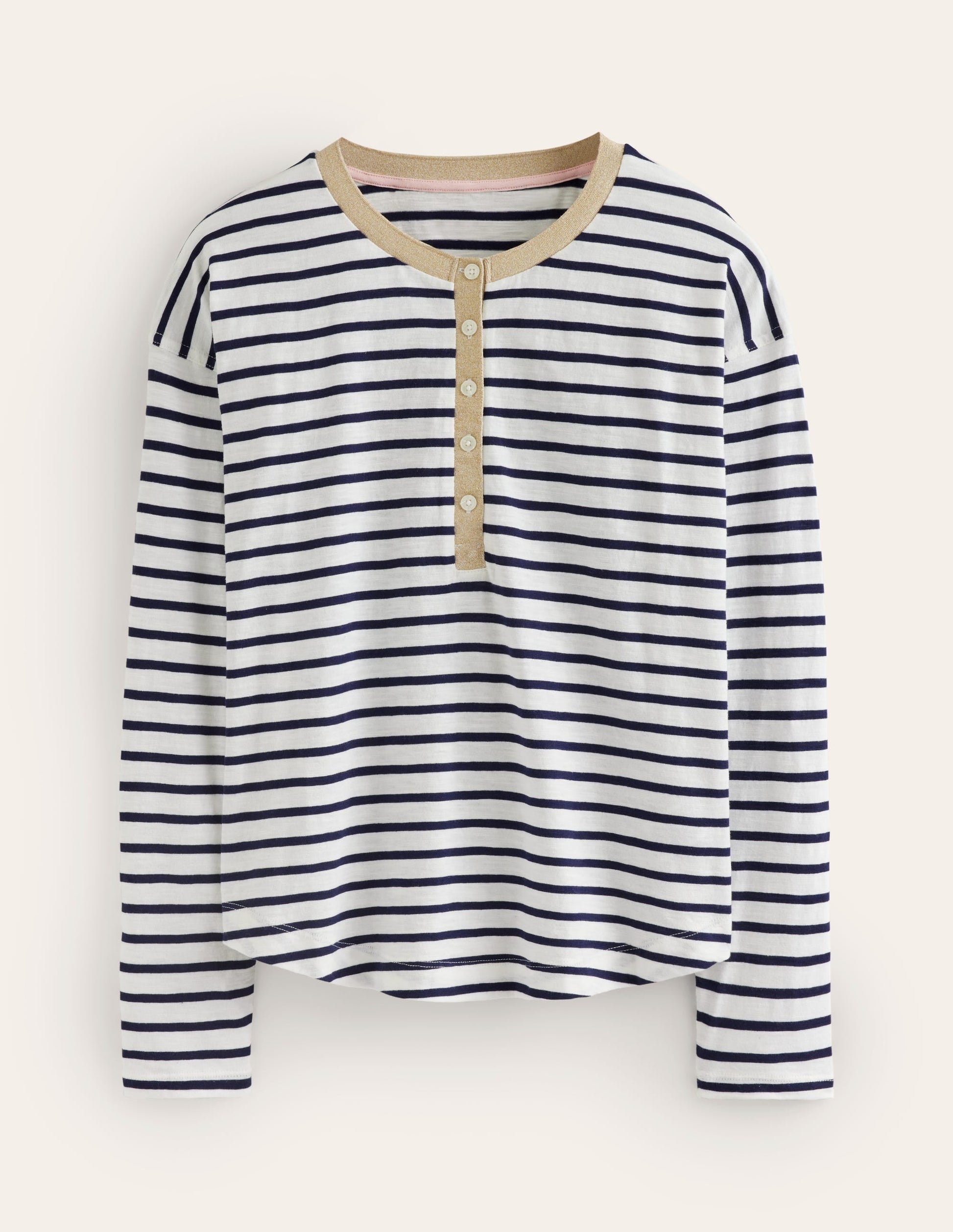 Metallic Trim Henley Top-Ivory, Navy Stripe-5