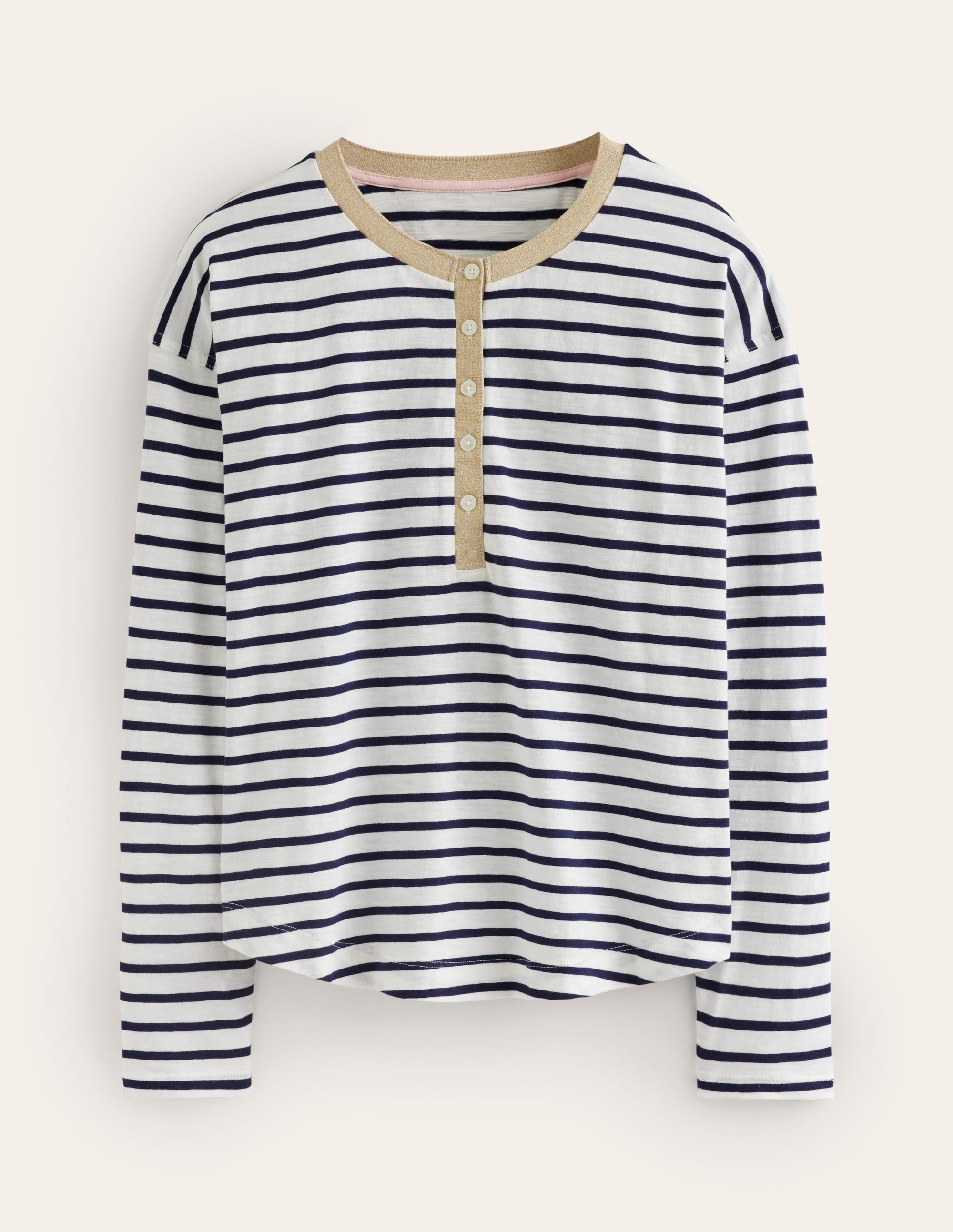 Metallic Trim Henley Top-Ivory, Navy Stripe - Image 5